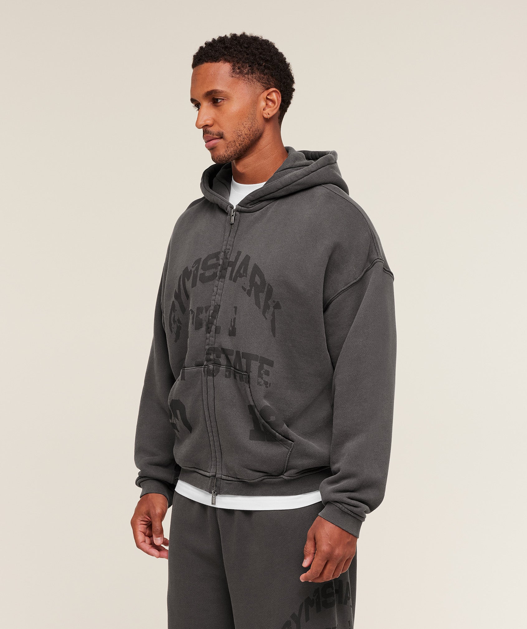 Gymshark Collegiate Washed Zip Up Hoodie Asphalt Grey