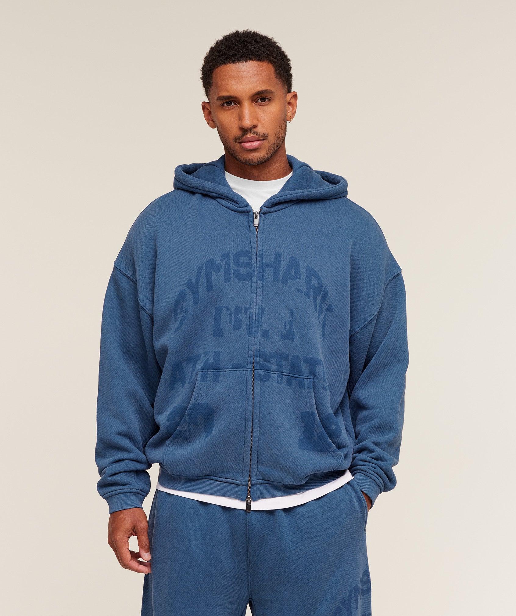 Gymshark Collegiate Washed Zip Up Hoodie Compound Blue