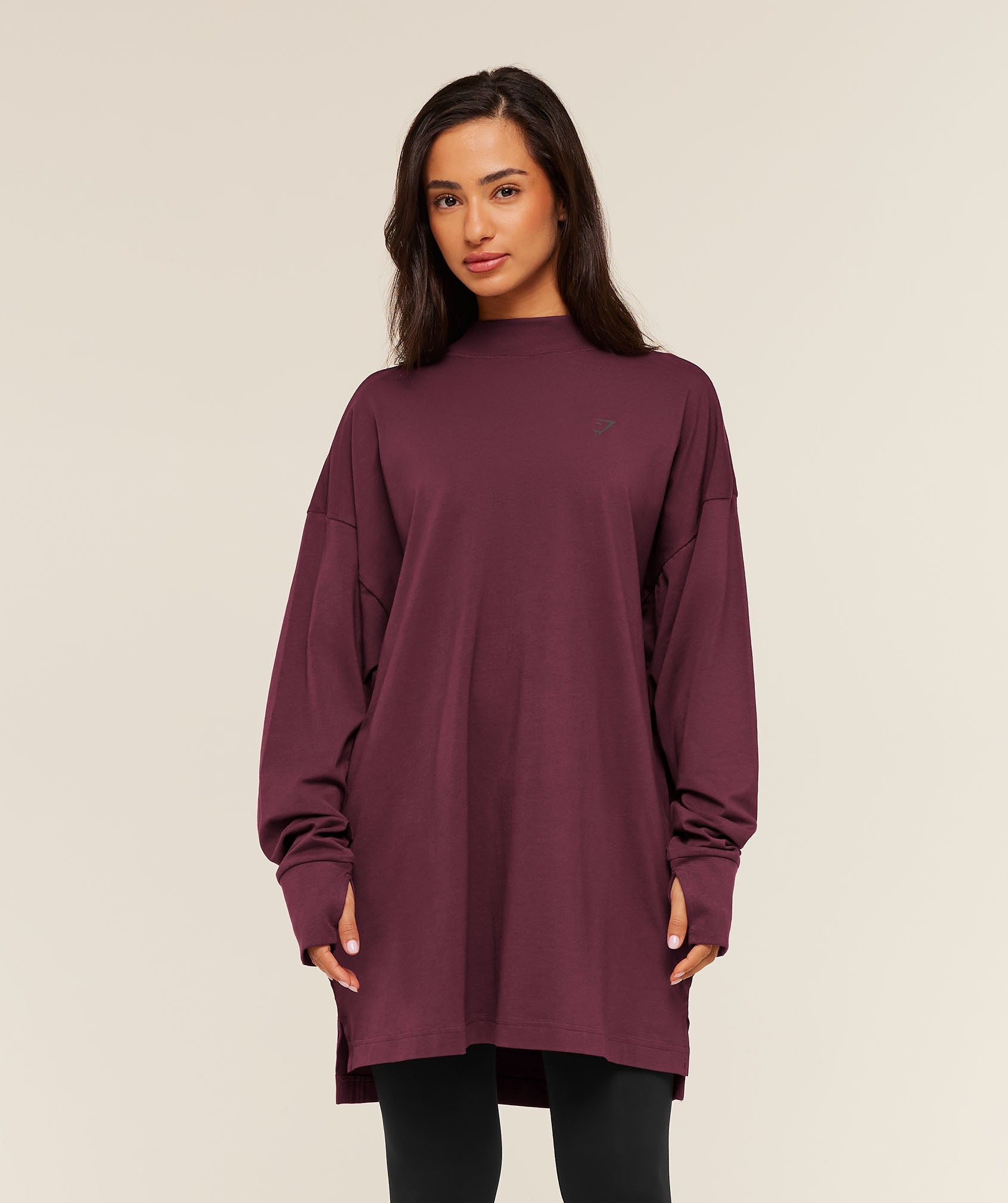 Women's Gymshark Covered Longline Cotton Long Sleeve Top Gs Impact Burgundy
