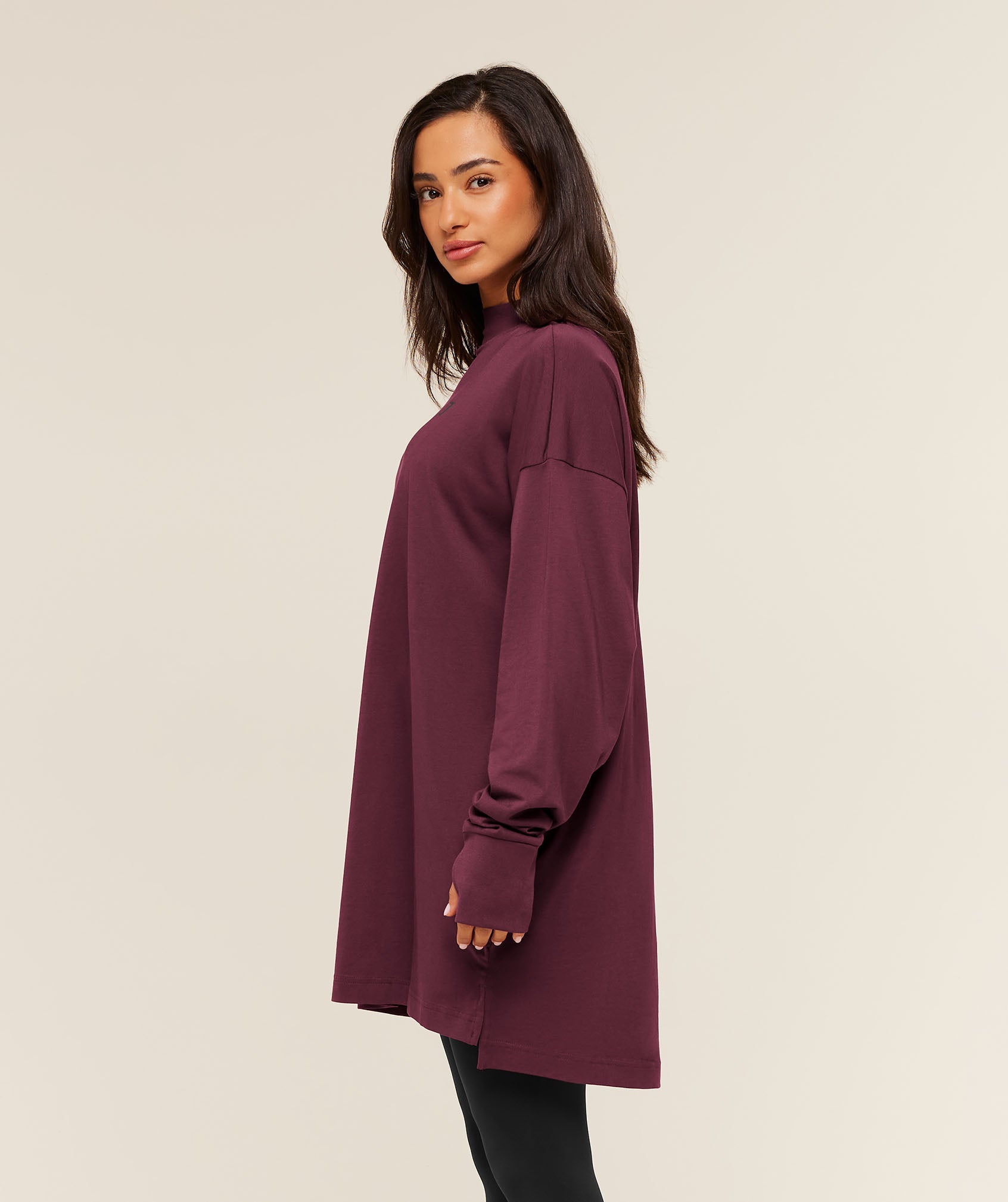Women's Gymshark Covered Longline Cotton Long Sleeve Top Gs Impact Burgundy