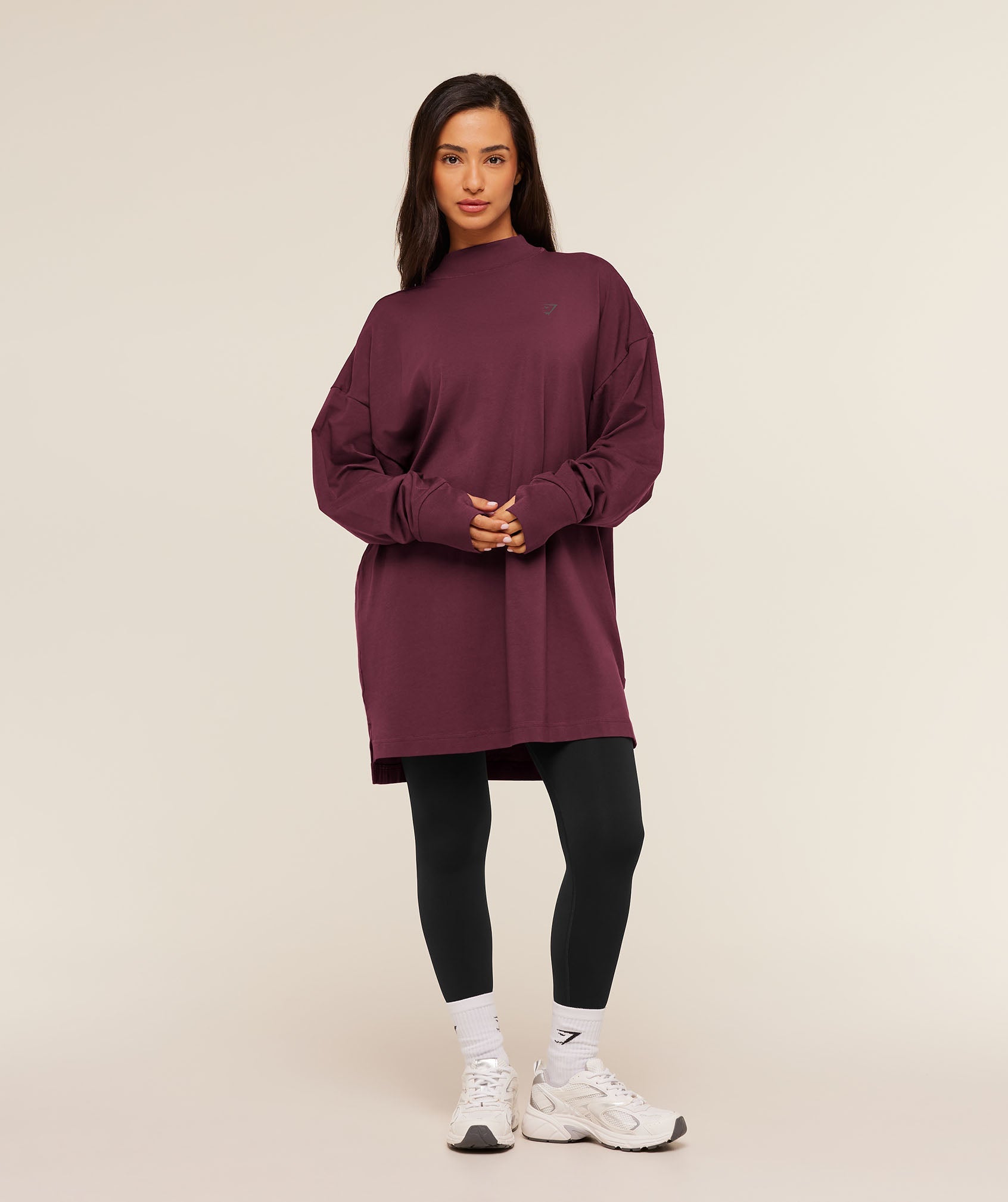 Women's Gymshark Covered Longline Cotton Long Sleeve Top Gs Impact Burgundy