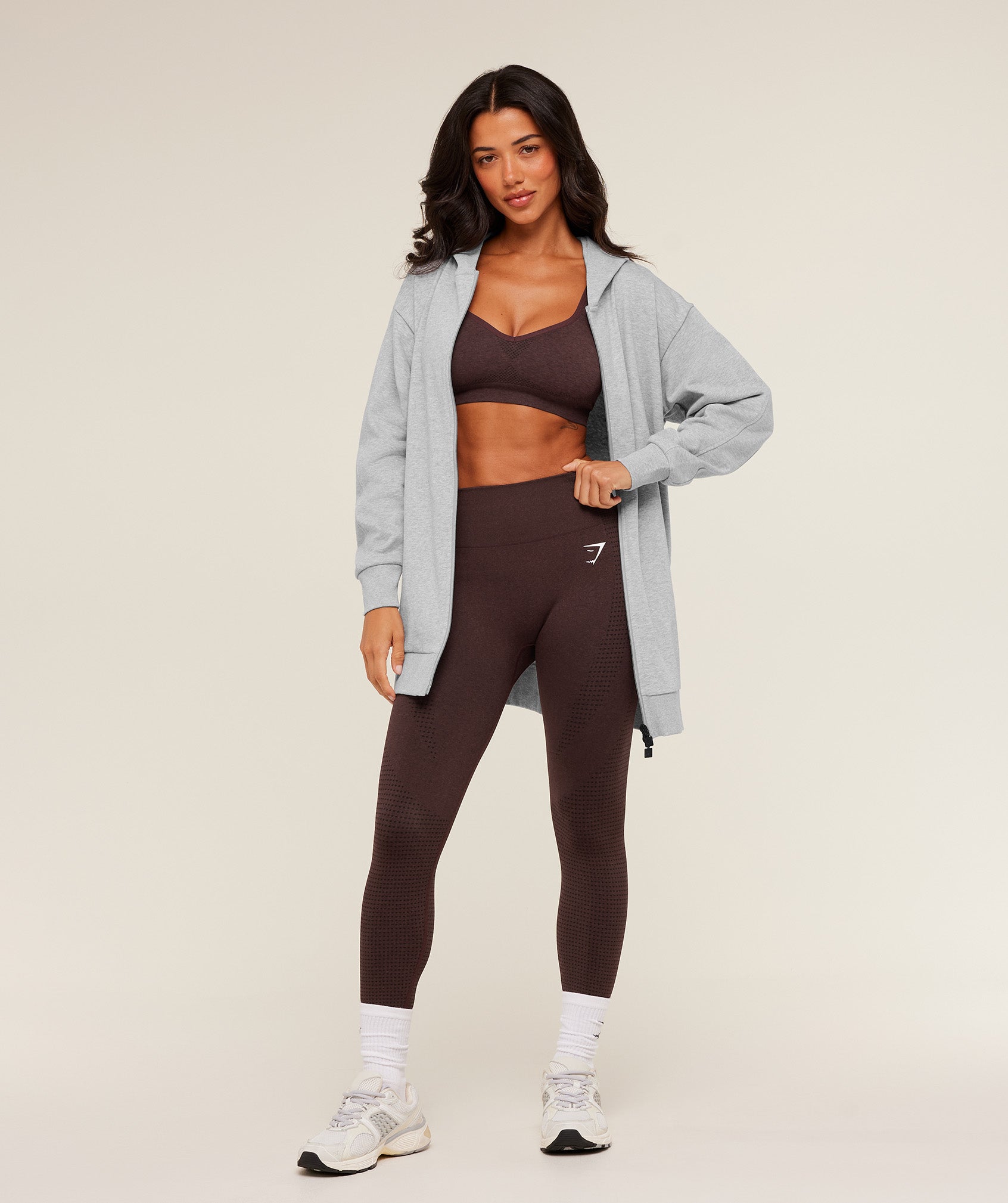 Women's Gymshark Covered Longline Zip Up Hoodie Light Grey Core Marl