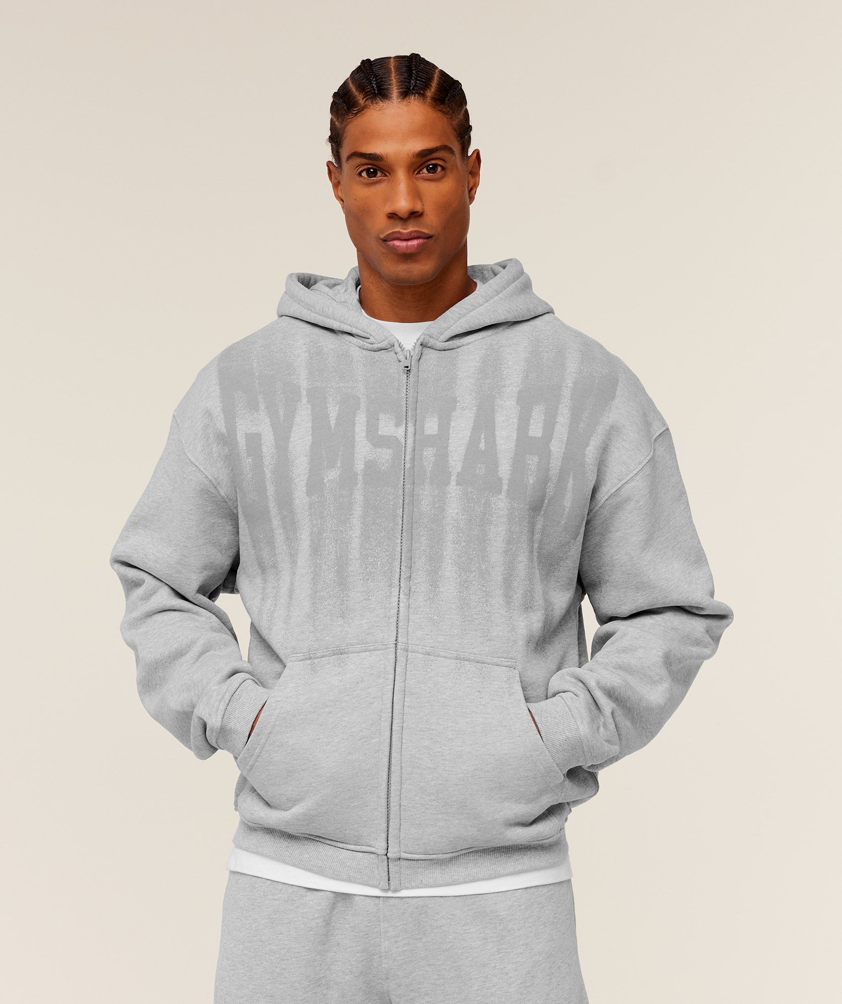 Gymshark Fade Graphic Zip Through Hoodie Light Grey Core Marl