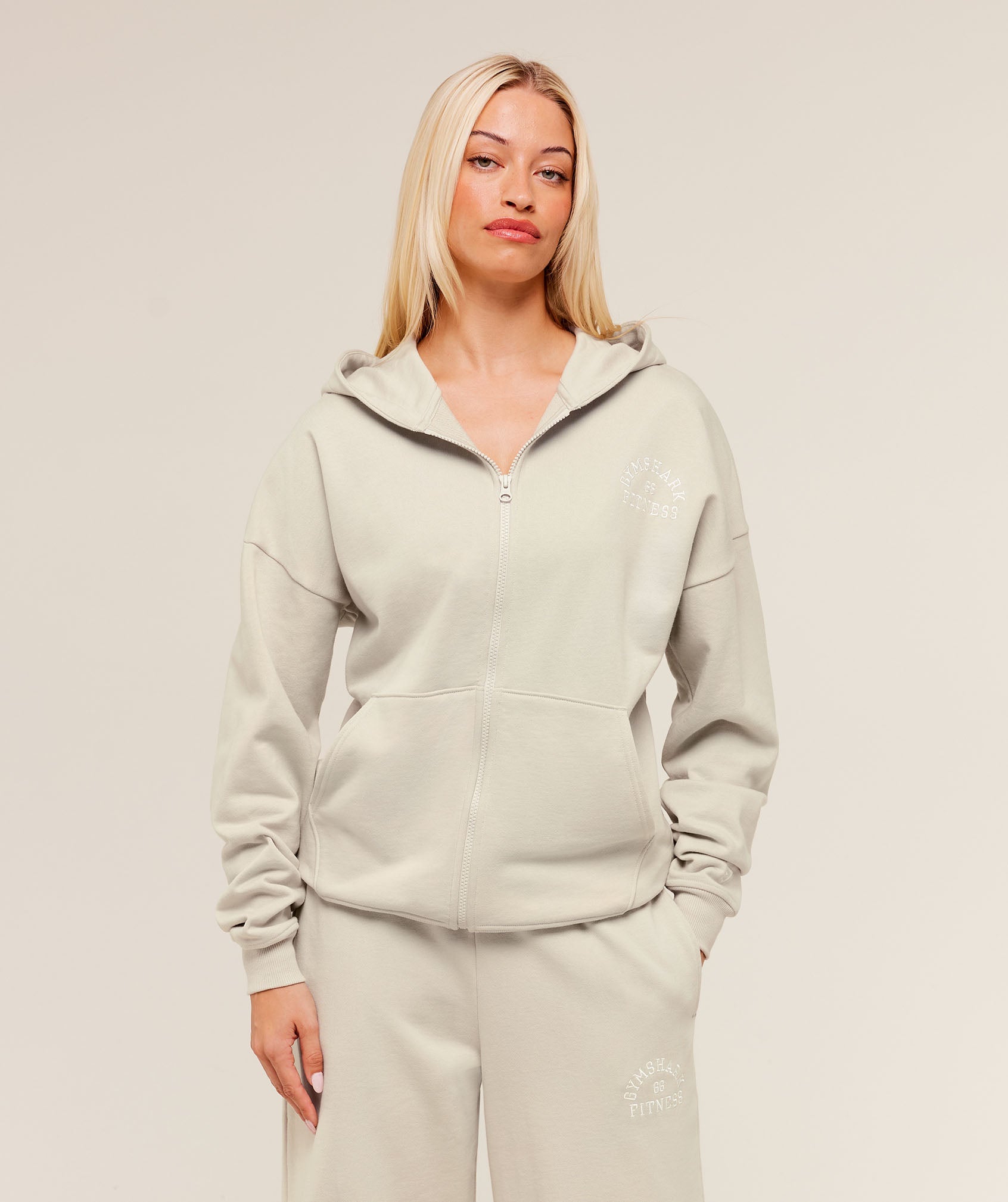 Women's Gymshark Fitness Embroidered Graphic Zip Up Hoodie Pebble Grey