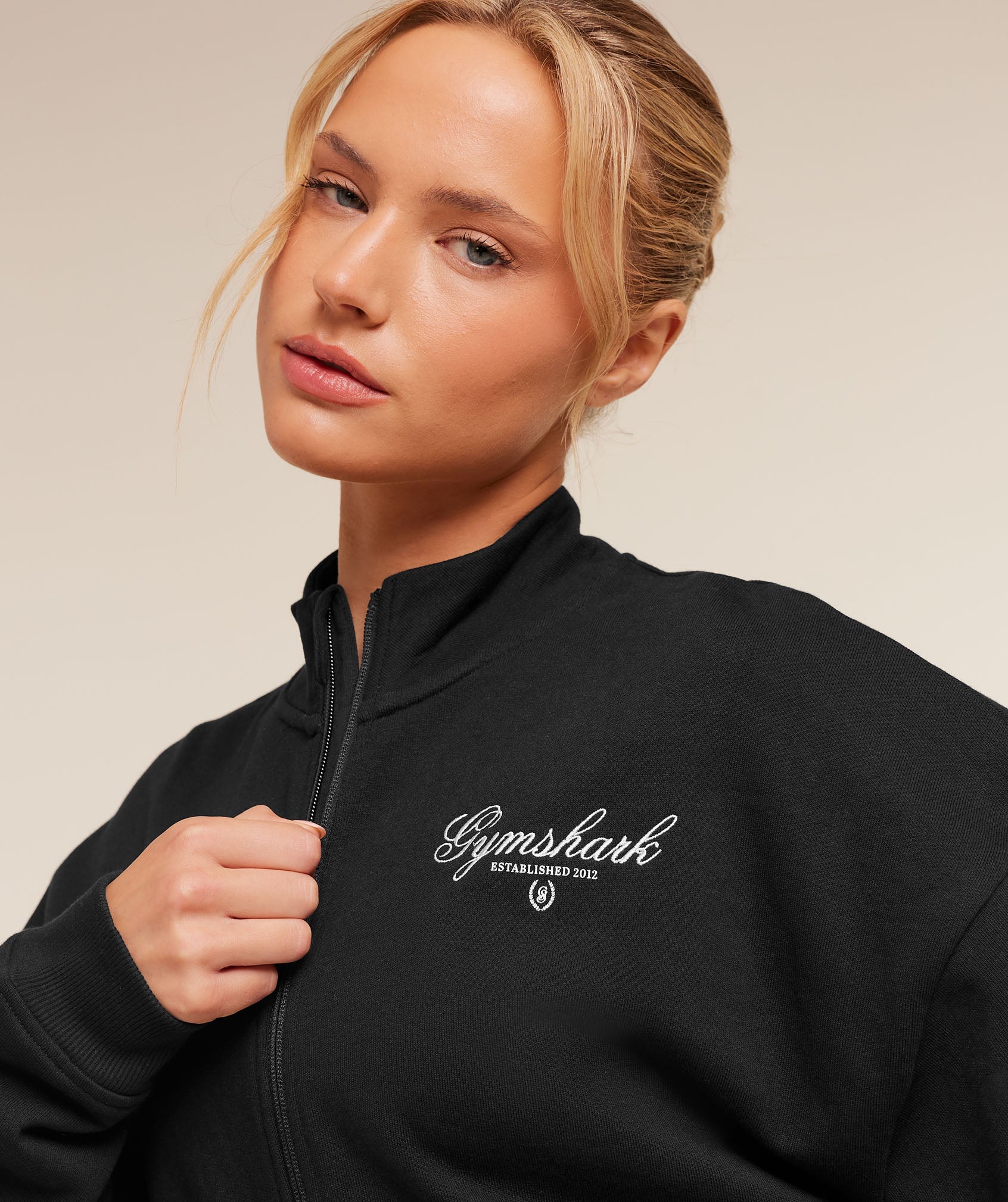 Women's Gymshark Script Embroidery Oversized Zip Through Black
