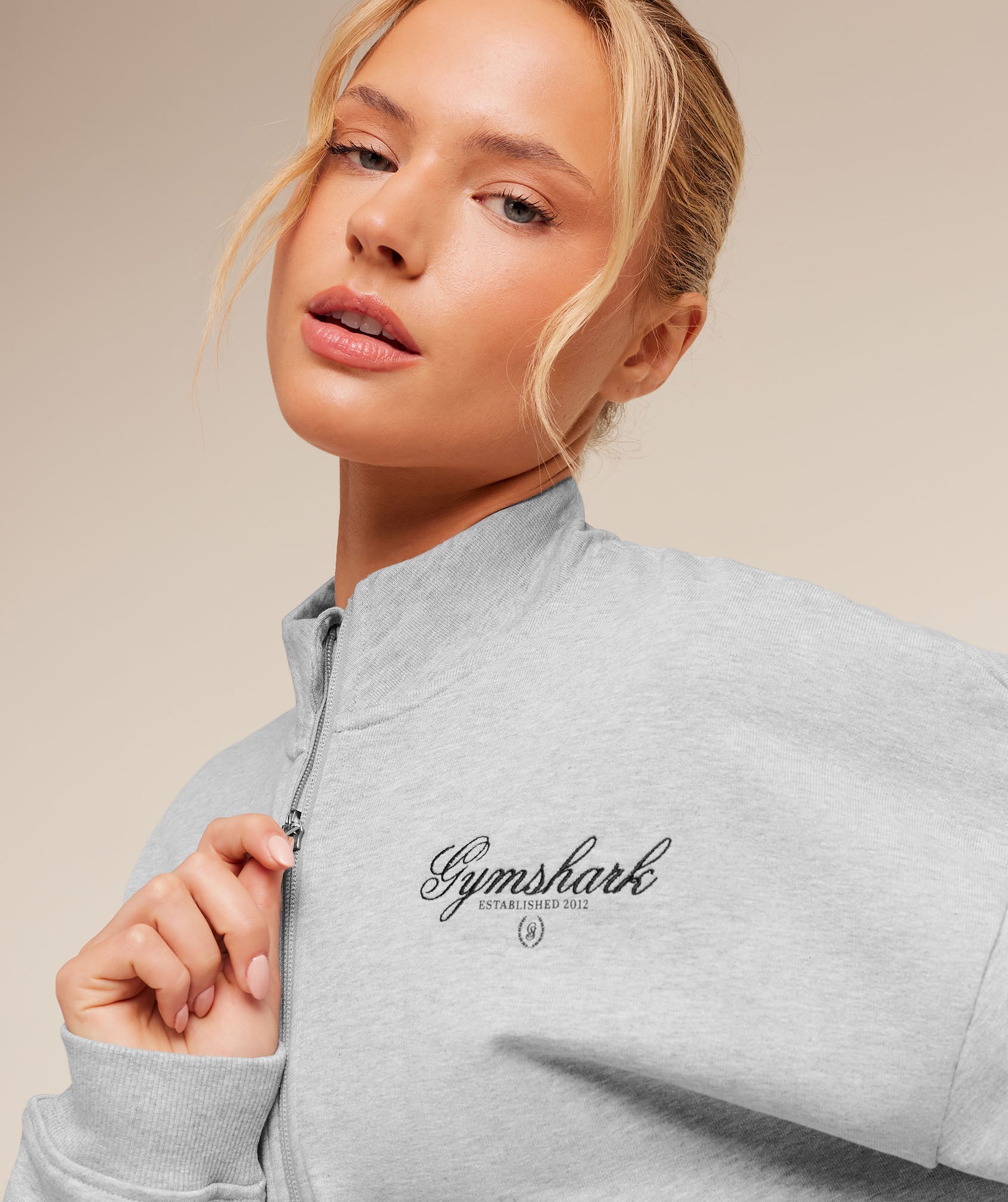 Women's Gymshark Script Embroidery Oversized Zip Through Light Grey Core Marl