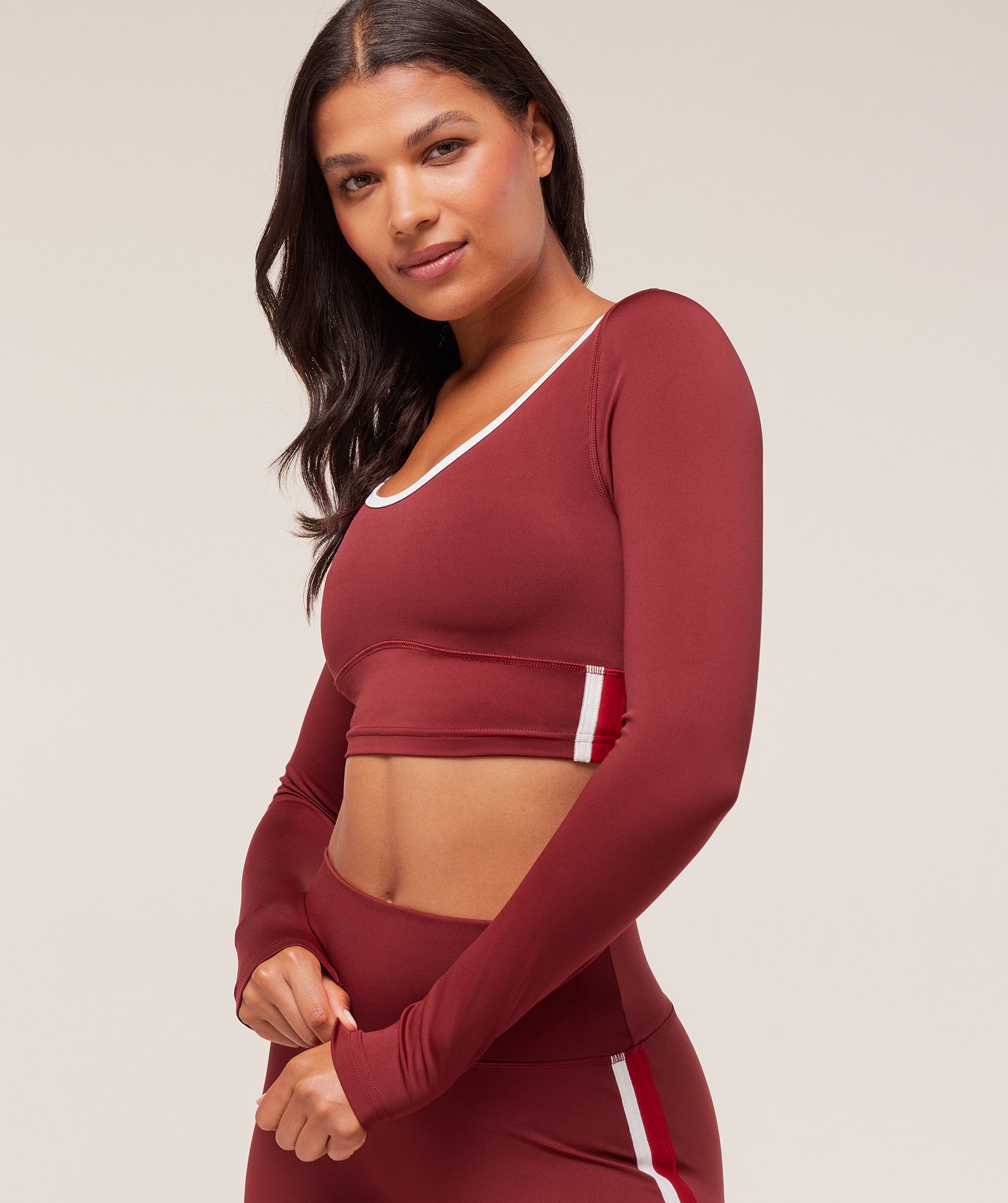Women's Gymshark Piping Long Sleeve Crop Top Sets Red