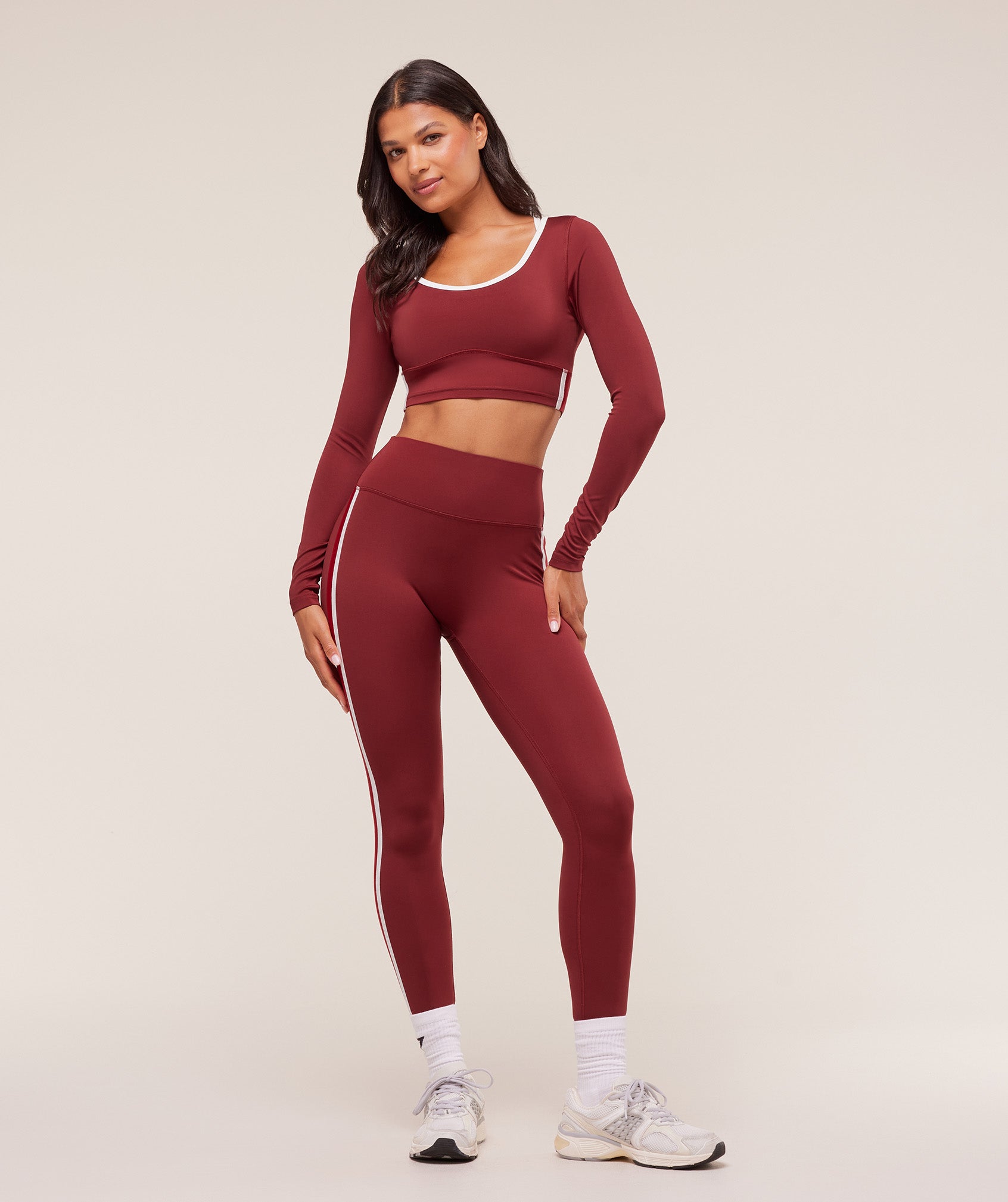 Women's Gymshark Piping Long Sleeve Crop Top Sets Red