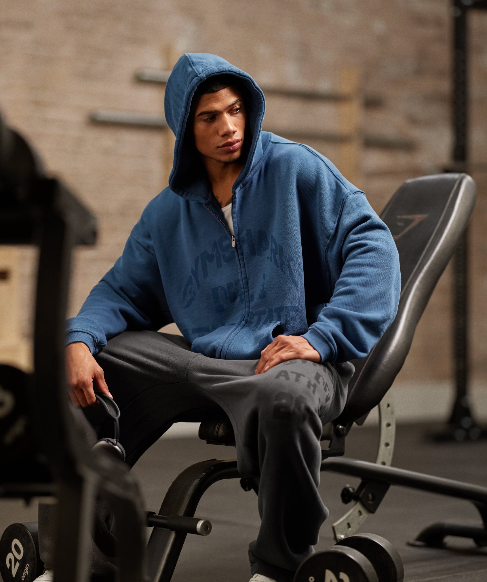 Gymshark Collegiate Washed Zip Up Hoodie Compound Blue