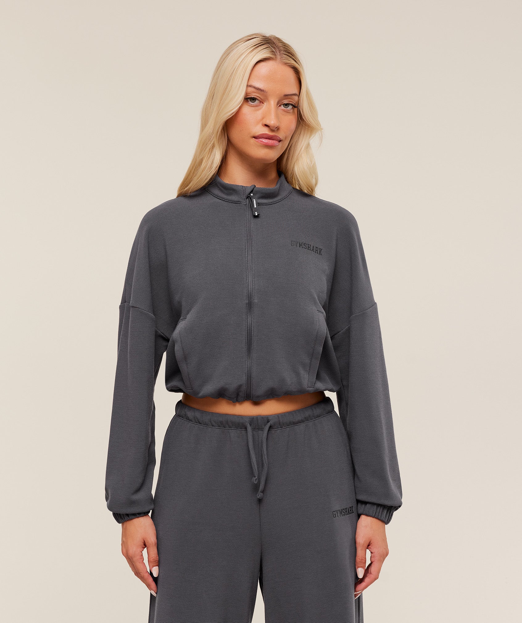 Women's Gymshark Waffle Midi Zip Up Jacket Onyx Grey