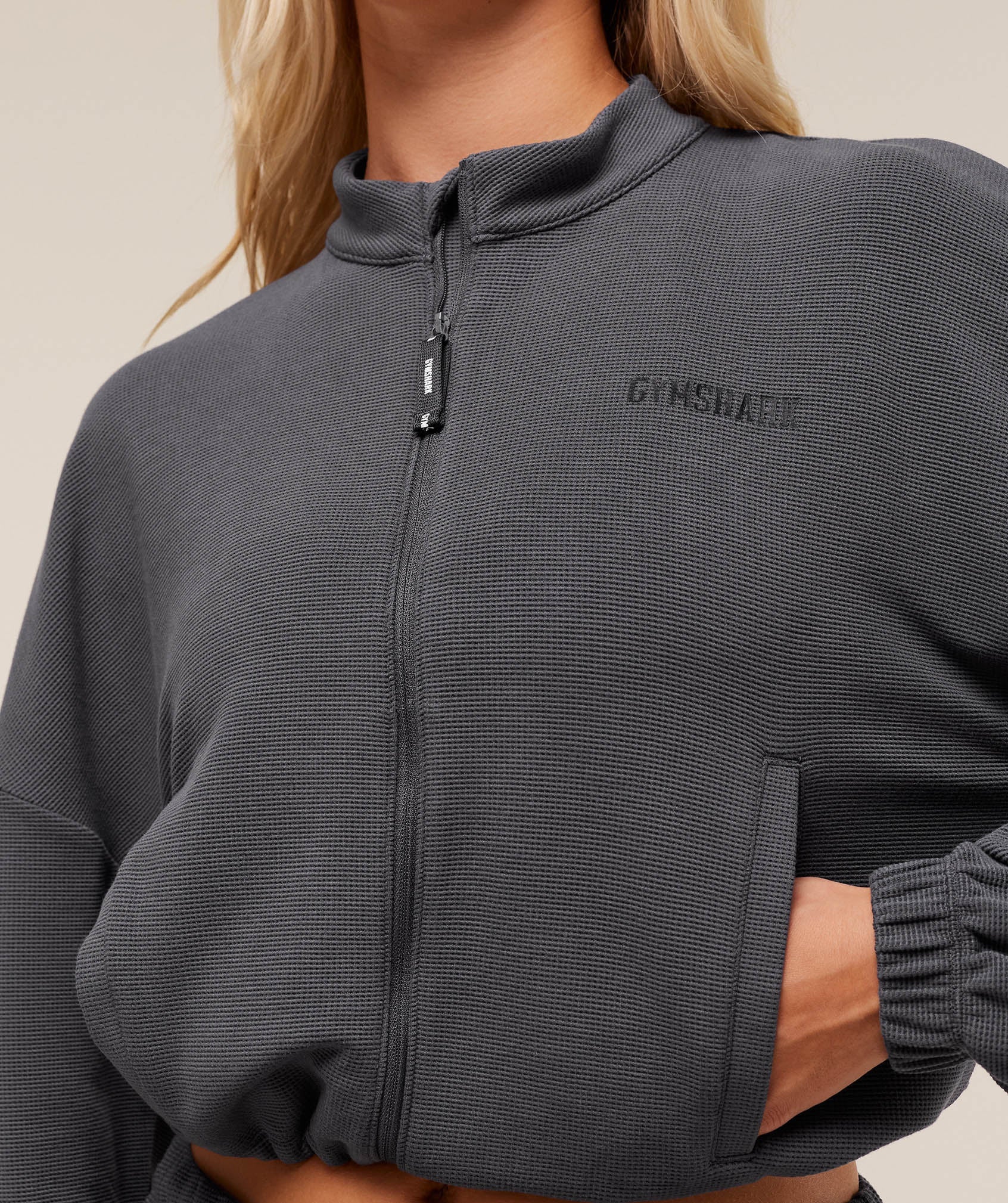 Women's Gymshark Waffle Midi Zip Up Jacket Onyx Grey