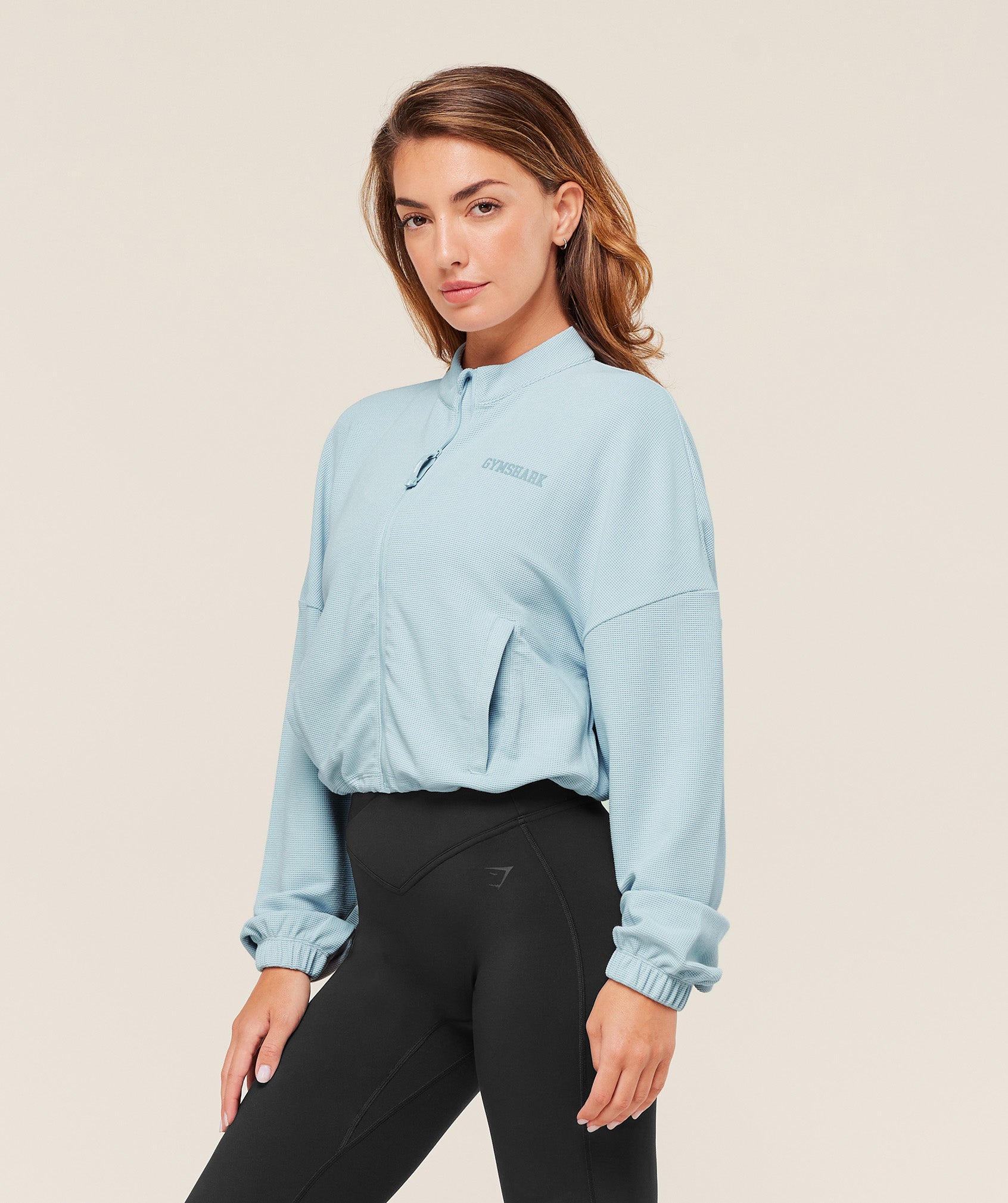 Women's Gymshark Waffle Midi Zip Up Jacket Smoke Blue