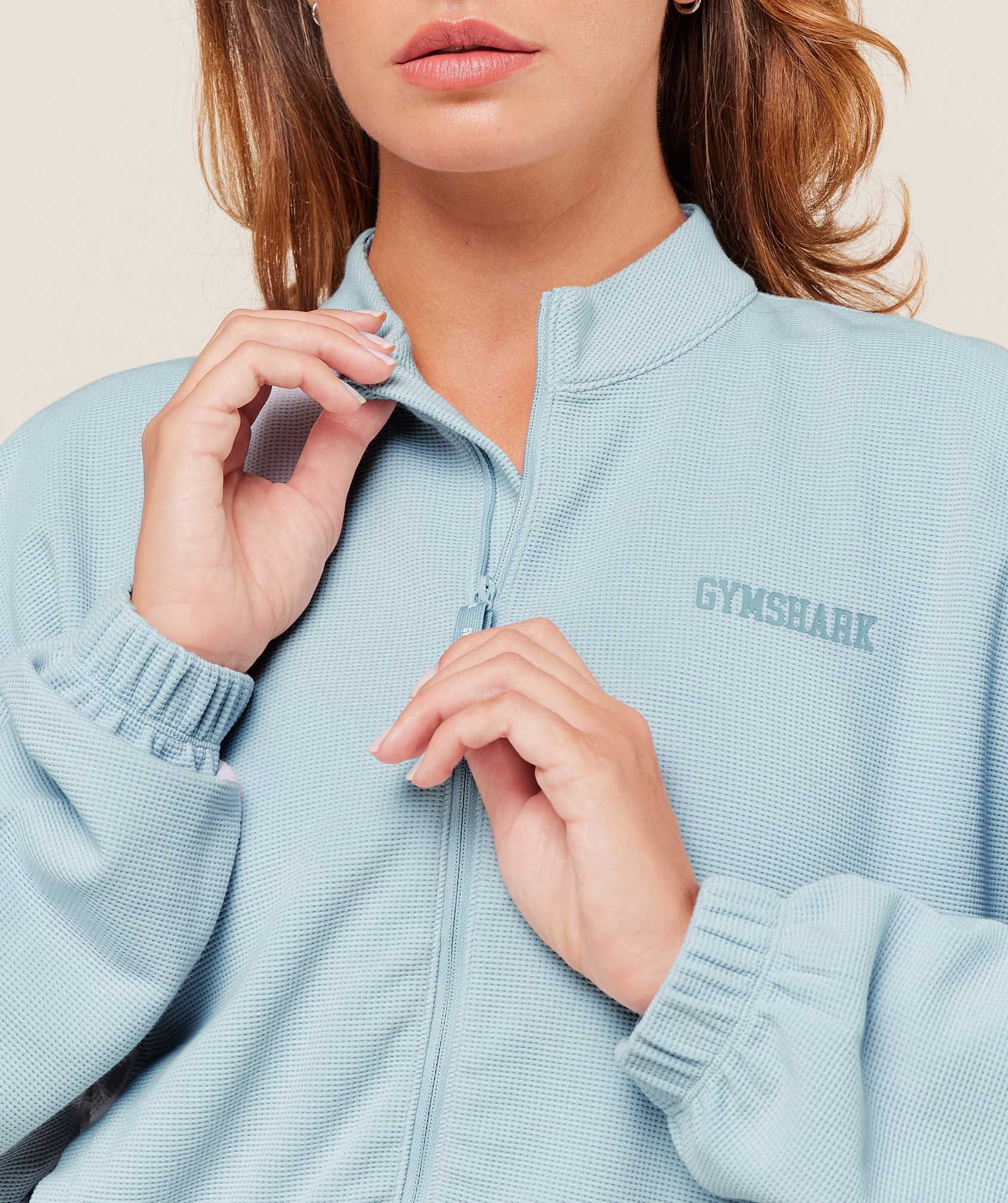 Women's Gymshark Waffle Midi Zip Up Jacket Smoke Blue