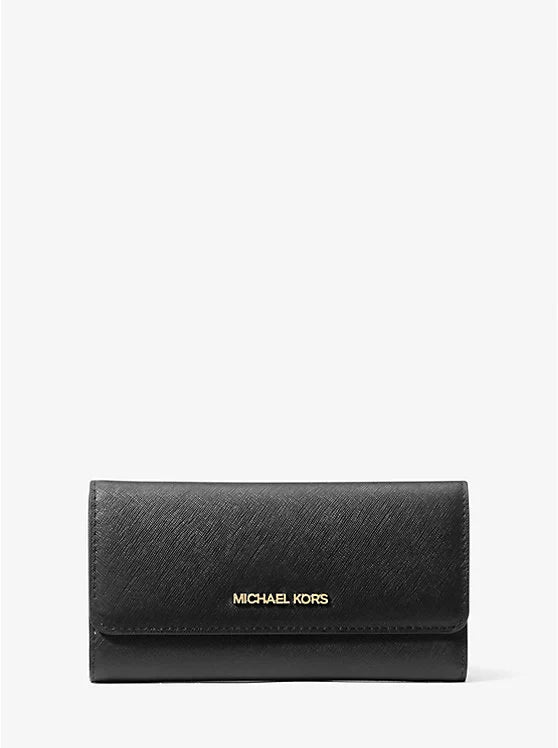 Michael Kors Jet Set Travel Crossgrain Leather Tri Fold Wallet Black
