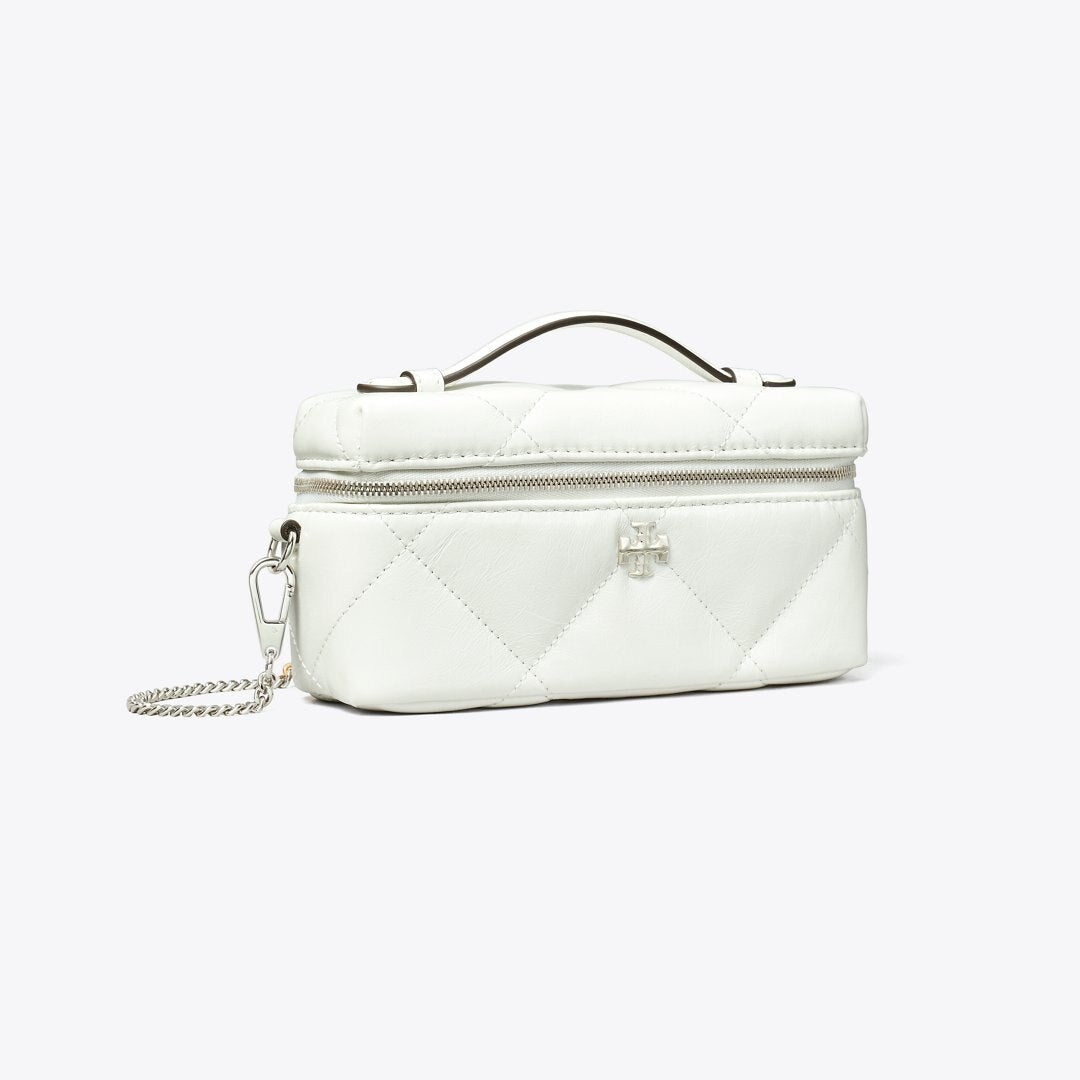 Tory Burch Kira Diamond Quilt Distressed Charm Vanity Case Blanc