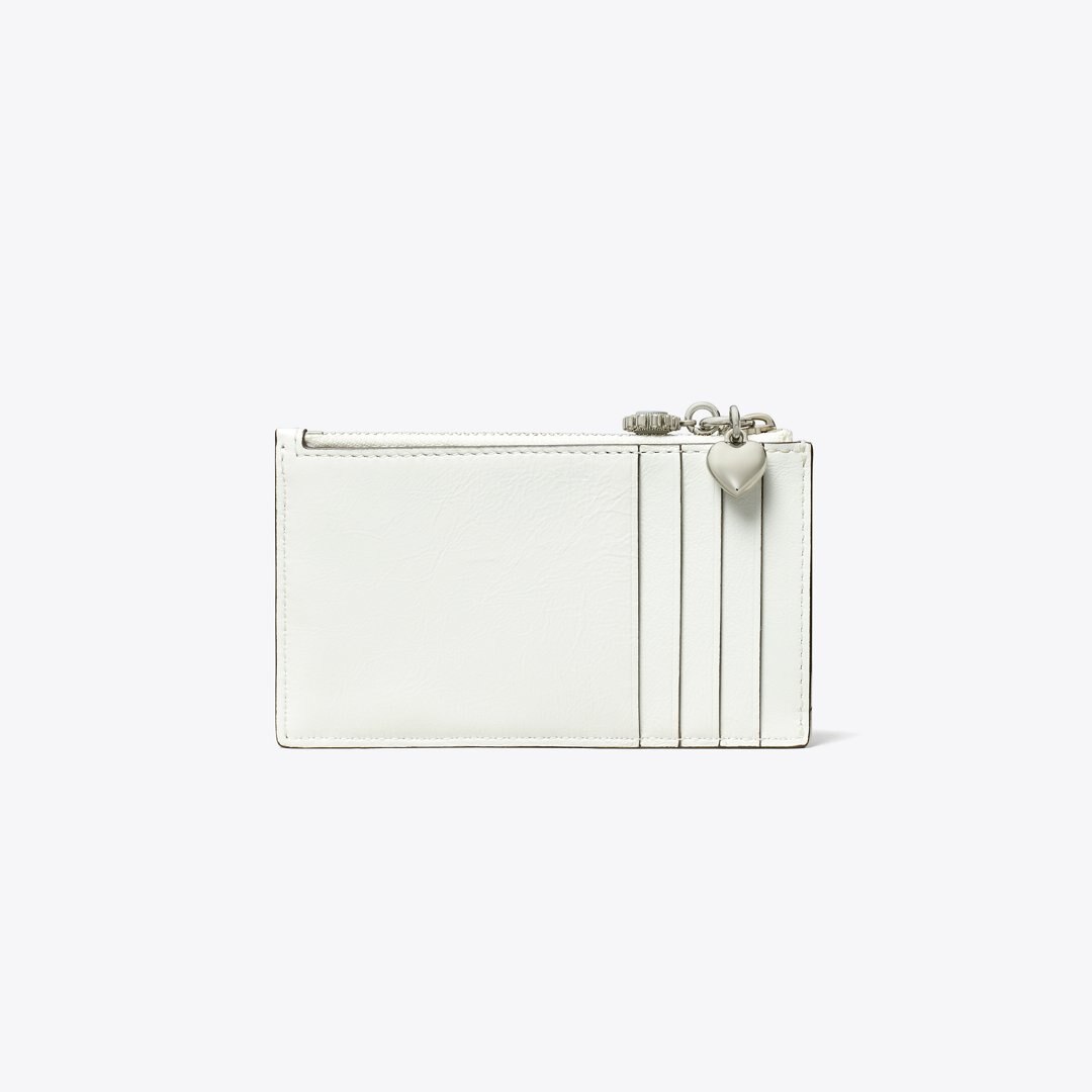 Tory Burch Kira Diamond Quilt Distressed Charm Zip Card Case Blanc