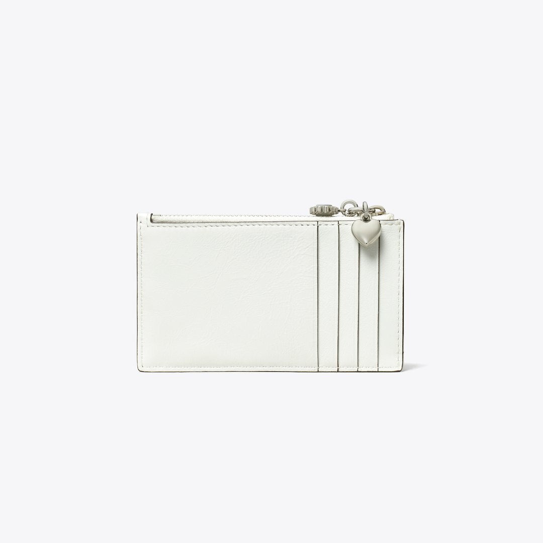 Tory Burch Kira Diamond Quilt Distressed Charm Zip Card Case Blanc