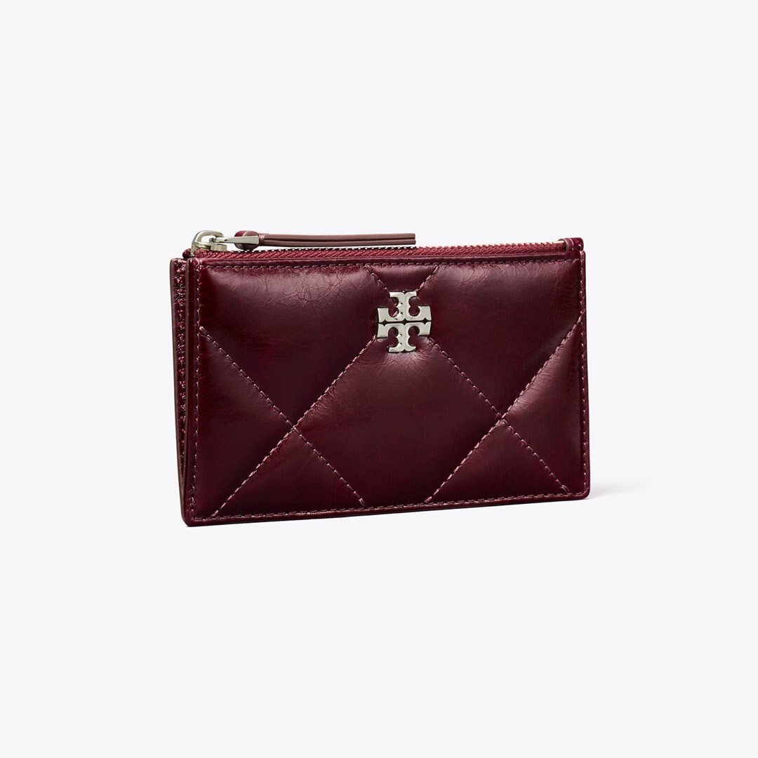 Tory Burch Kira Diamond Quilt Distressed Zip Card Case Dark Carmine