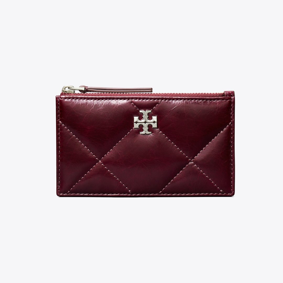 Tory Burch Kira Diamond Quilt Distressed Zip Card Case Dark Carmine