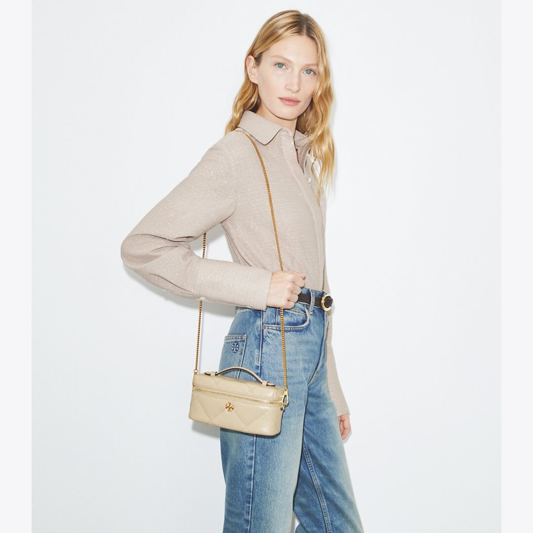 Tory Burch Kira Diamond Quilt East-West Vanity Case Light Stone