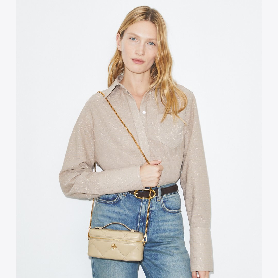 Tory Burch Kira Diamond Quilt East-West Vanity Case Light Stone