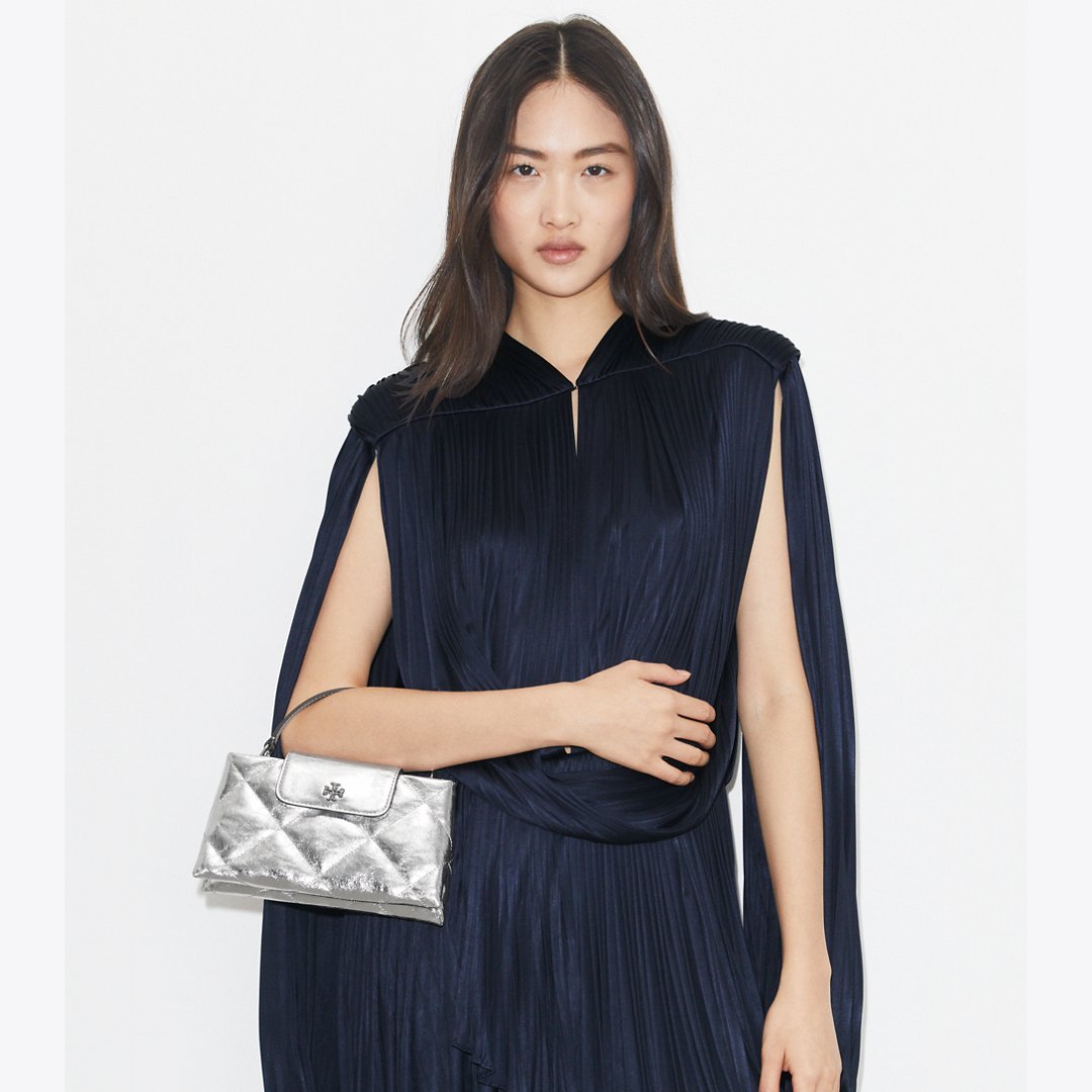 Tory Burch Kira Diamond Quilt Metallic Top-Handle Bag Silver