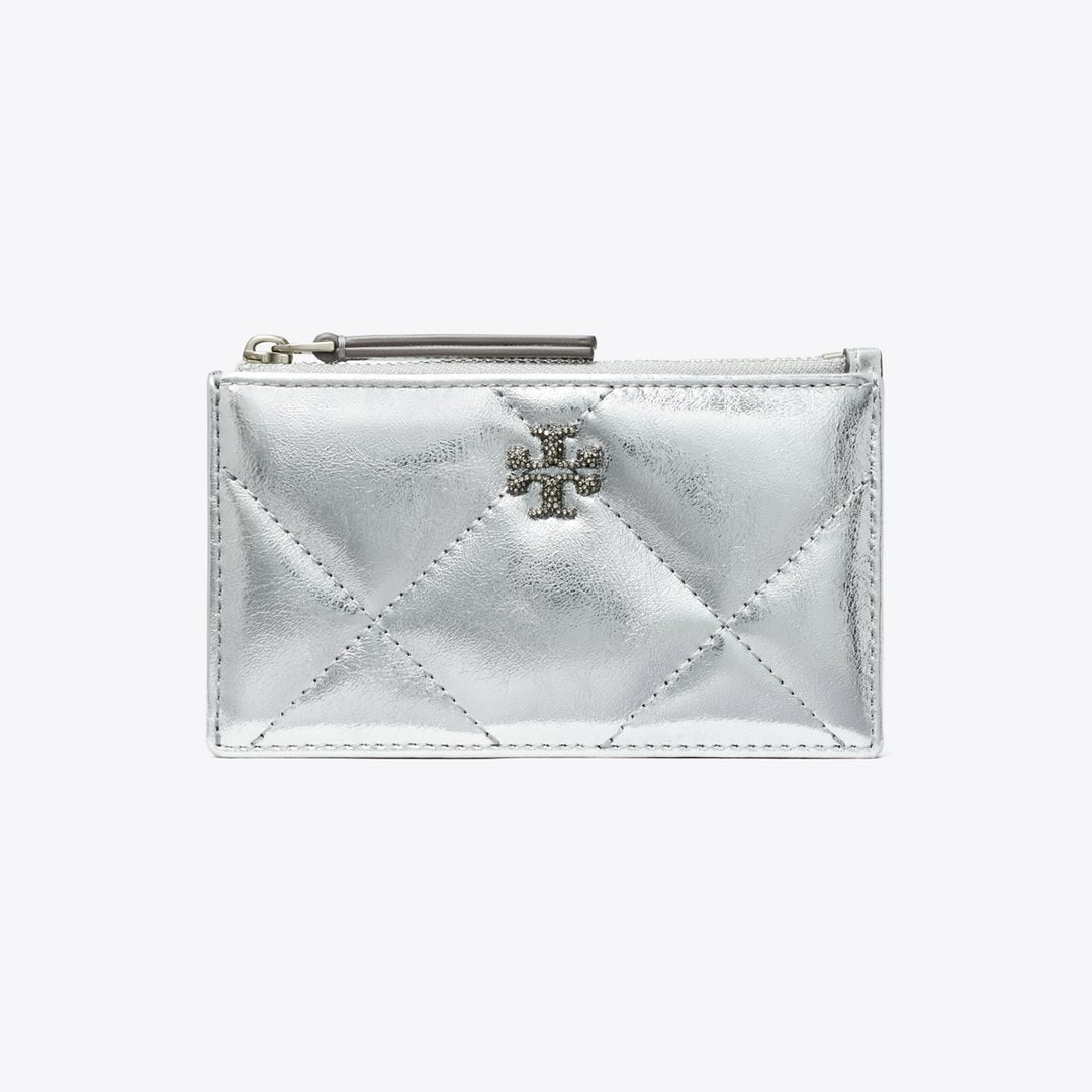 Tory Burch Kira Diamond Quilt Metallic Zip Card Case Silver