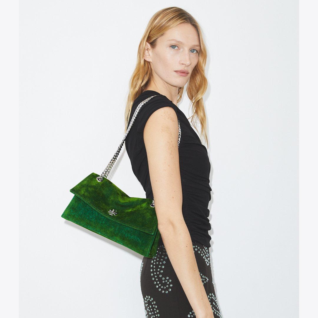 Tory Burch Kira Turnlock Flocked Shoulder Bag Soft Emerald