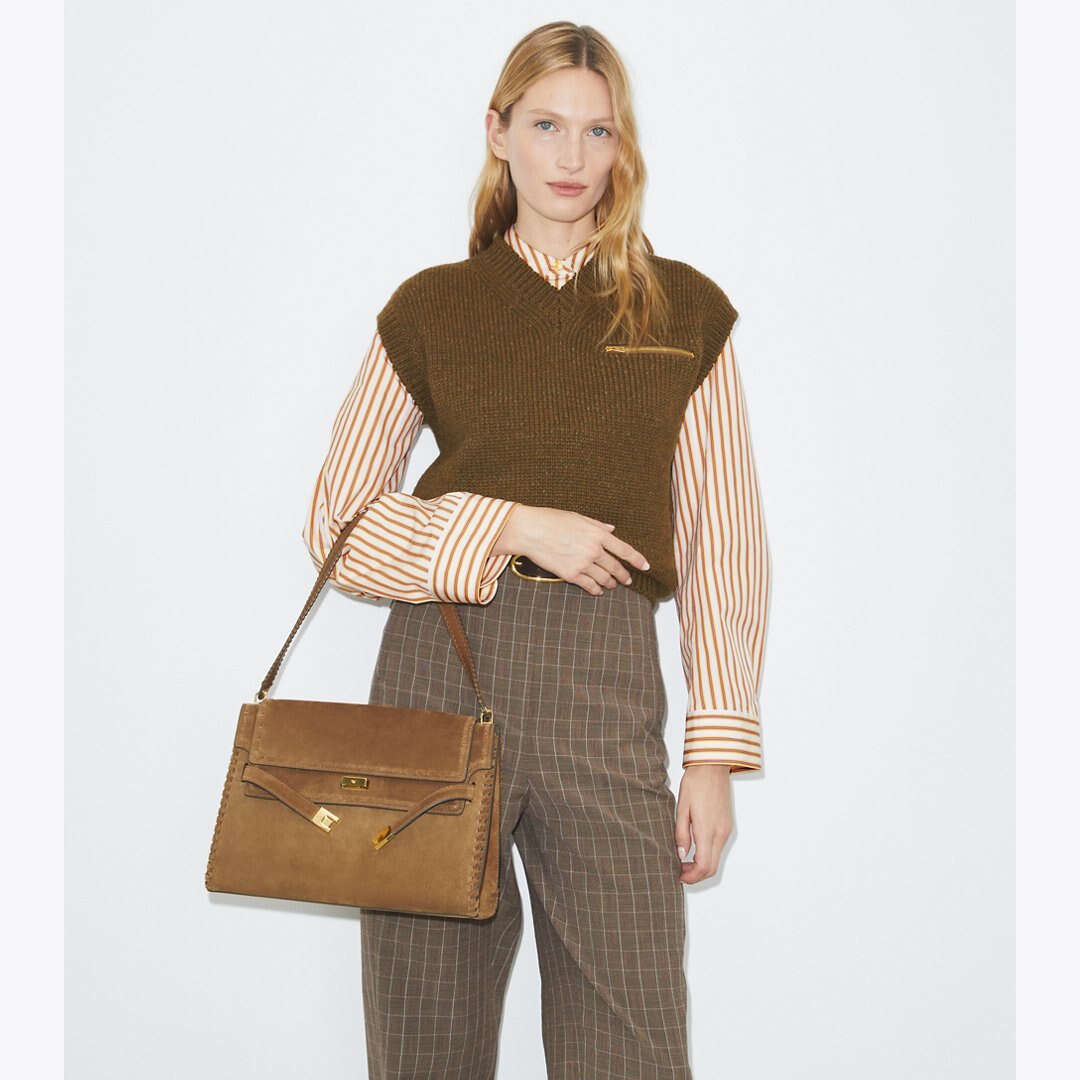 Tory Burch Large Lee Radziwill Suede Shoulder Bag WILD TABACCO