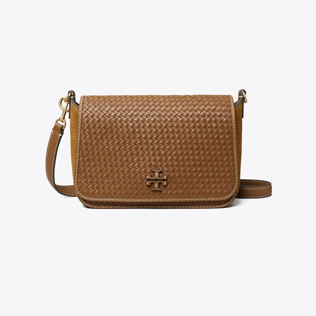 Tory Burch Leather Woven Flap Crossbody Mahoni