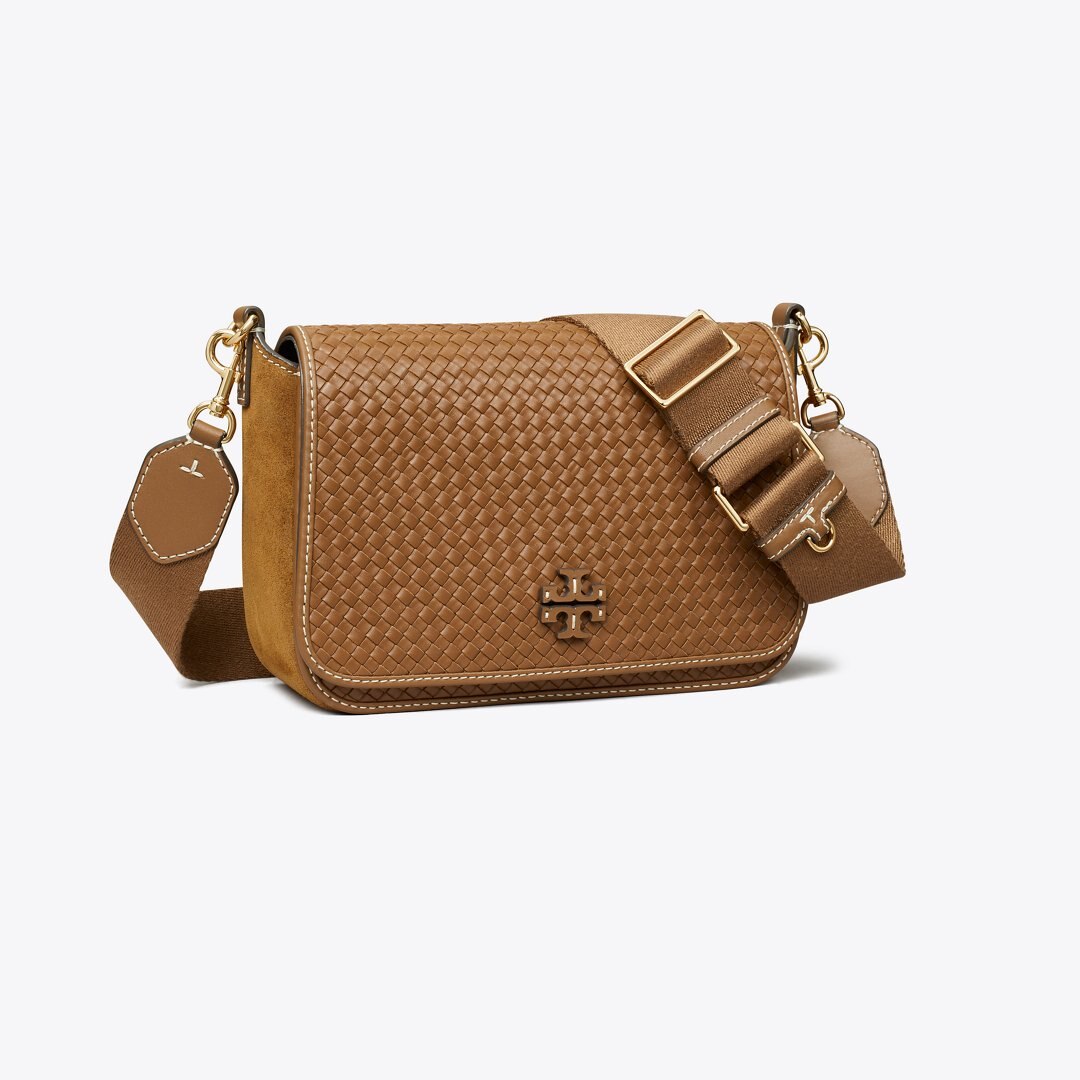 Tory Burch Leather Woven Flap Crossbody Mahoni