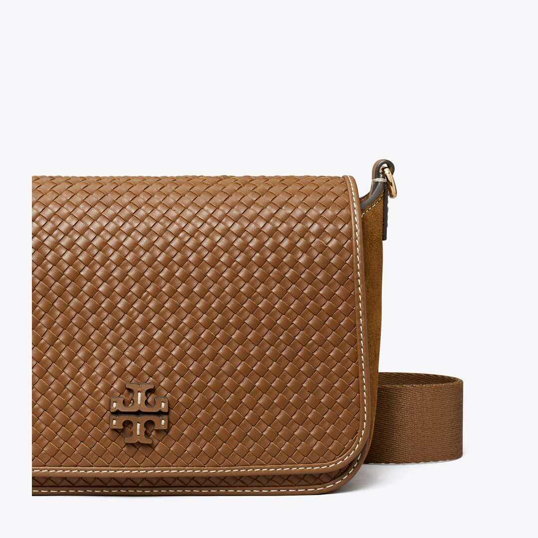 Tory Burch Leather Woven Flap Crossbody Mahoni