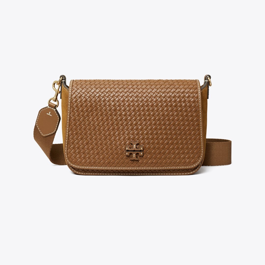 Tory Burch Leather Woven Flap Crossbody Mahoni