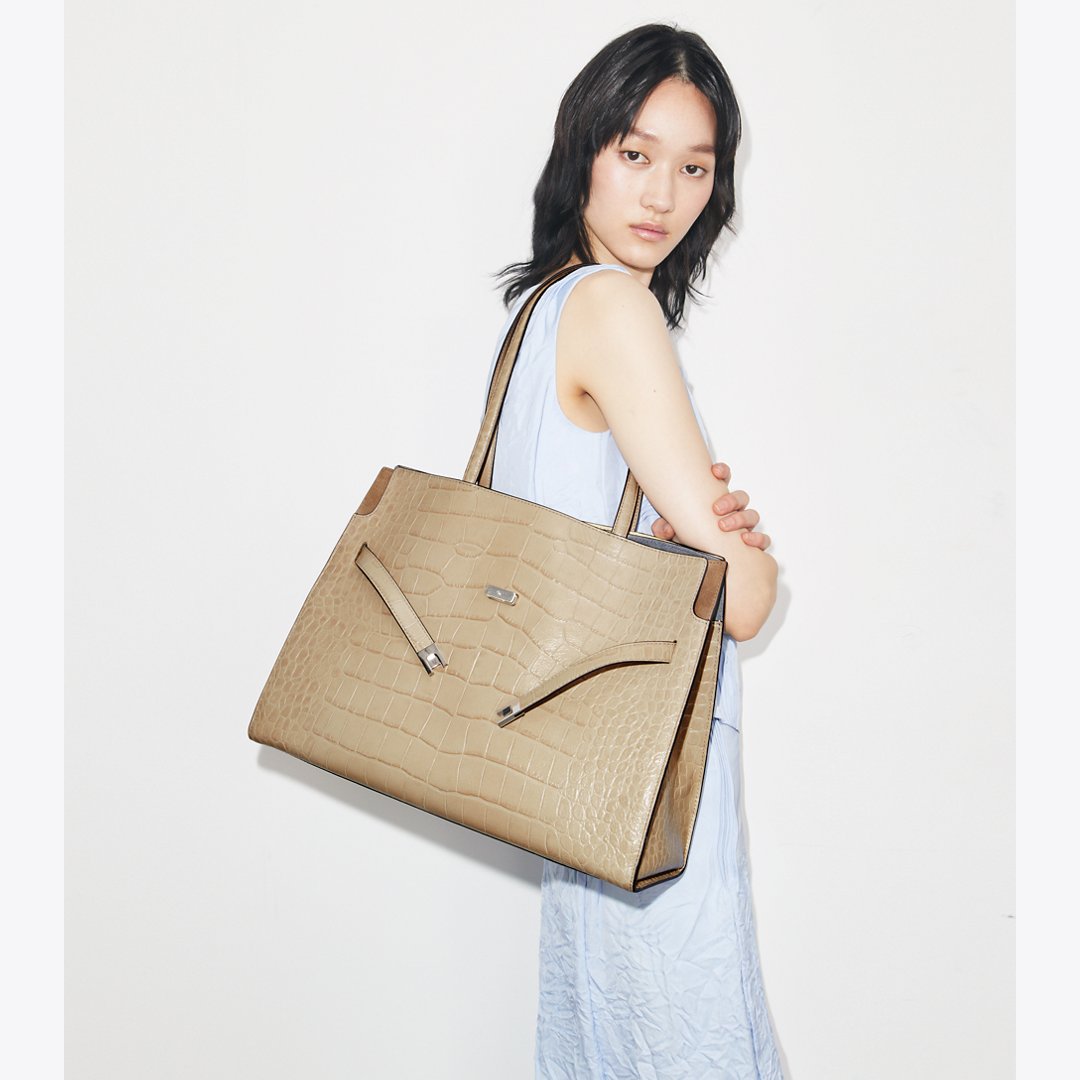 Tory Burch Lee Radziwill Embossed Tote Light Hickory
