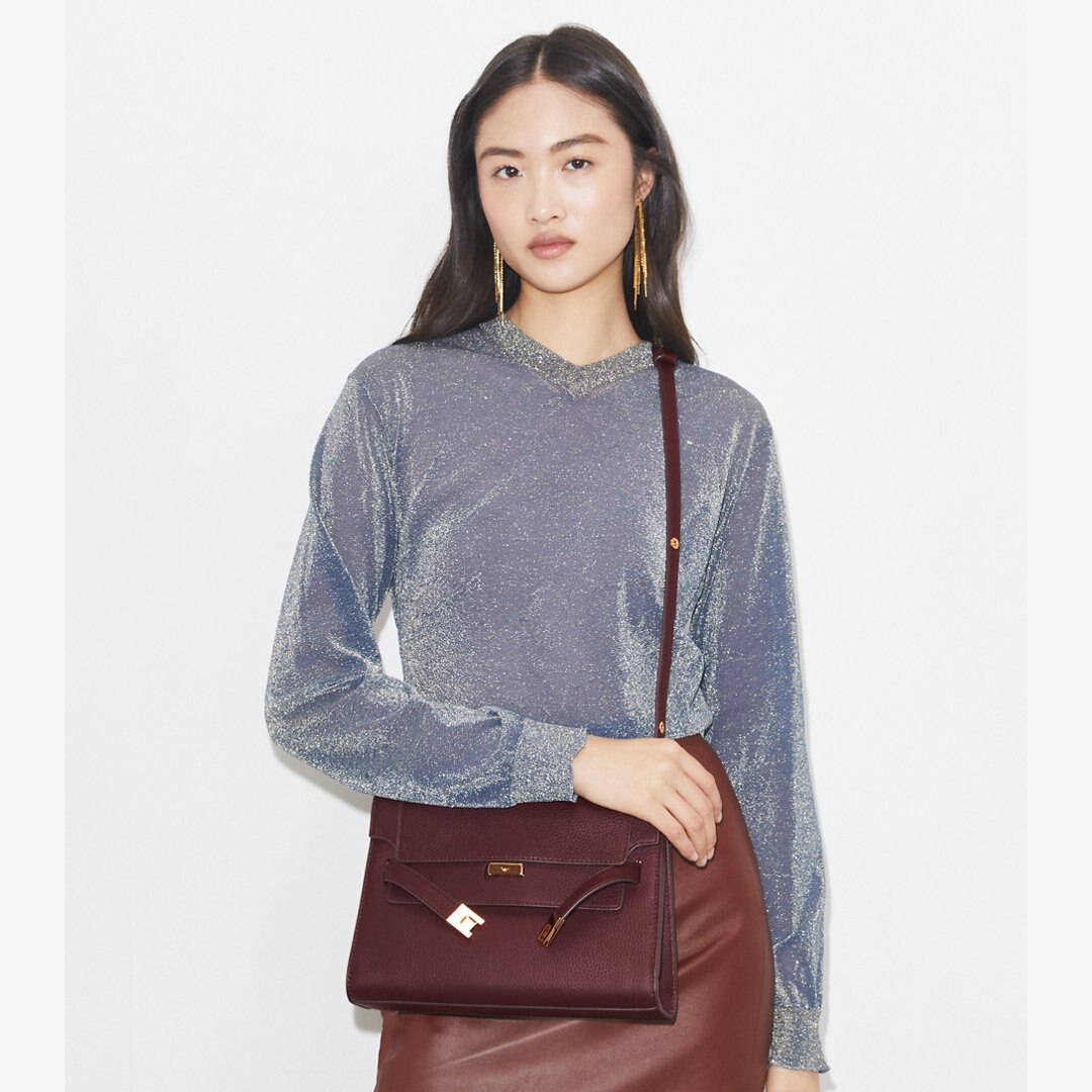 Tory Burch Lee Radziwill Pebbled Shoulder Bag Dark Carmine