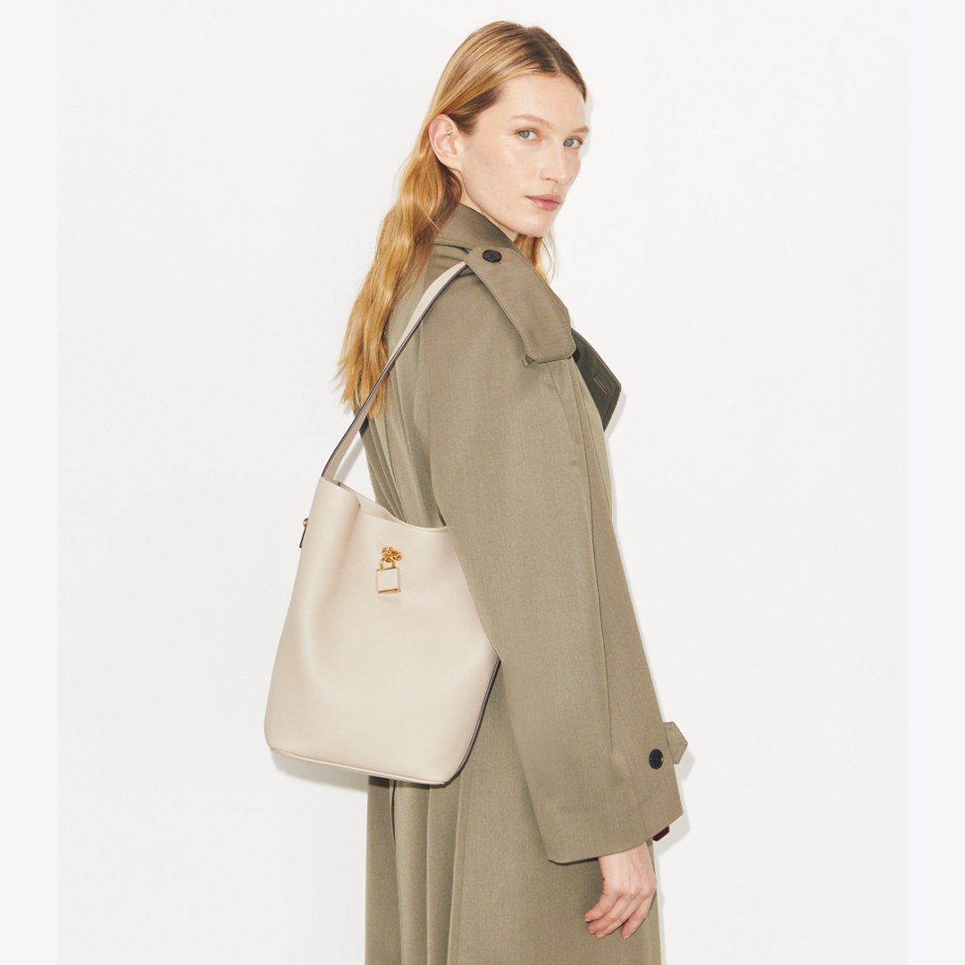 Tory Burch Lock Slim Bucket Bag Light Stone
