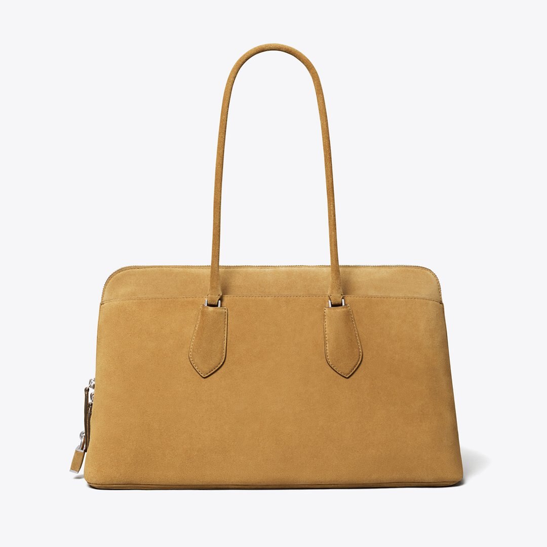 Tory Burch Lock Suede Satchel Toffee