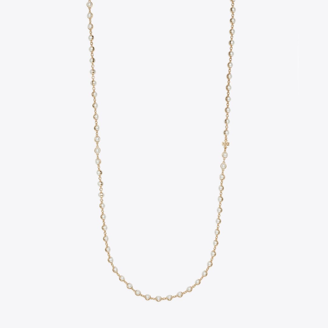 Tory Burch Long Pearl Necklace Light Brass / Pearl