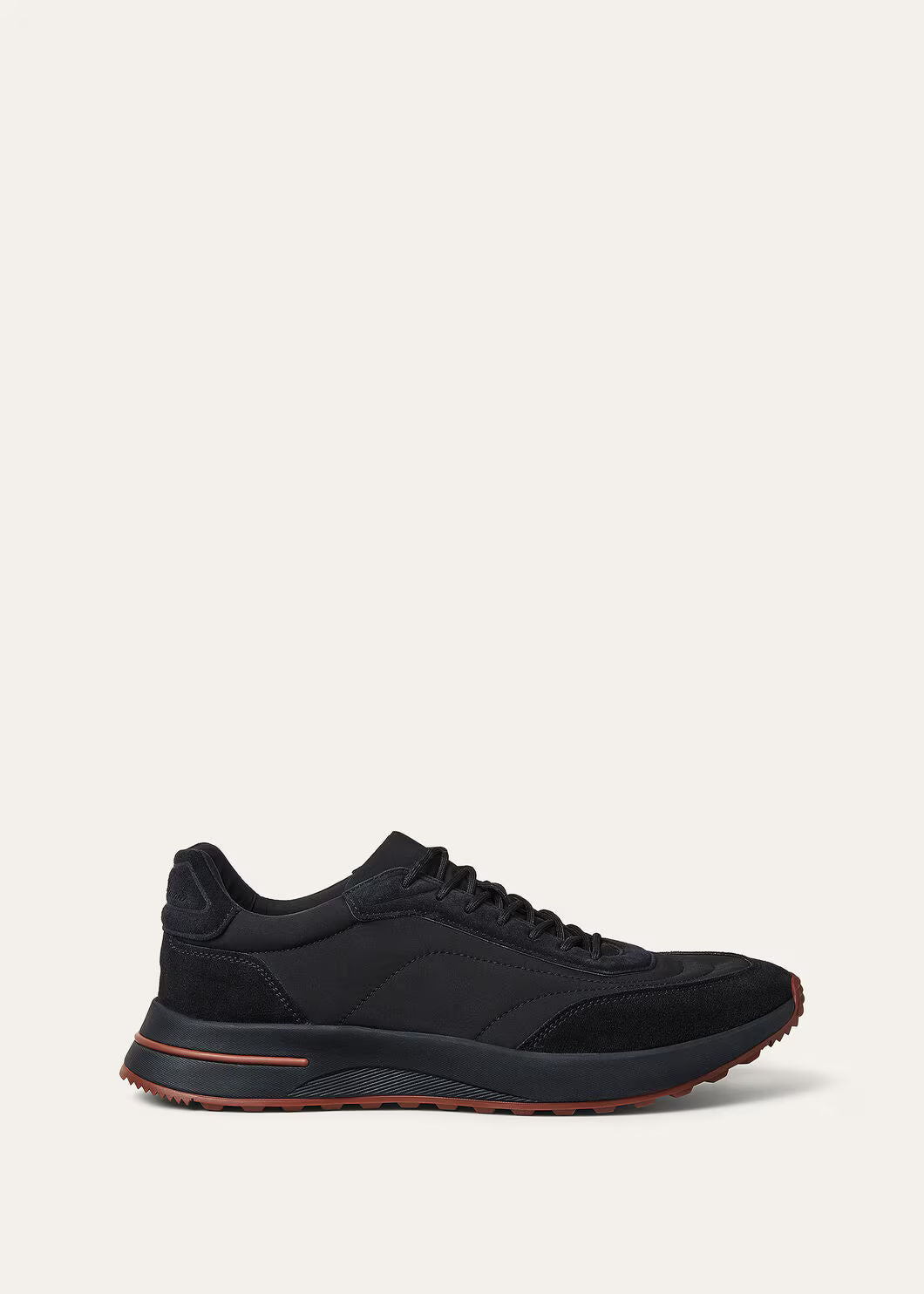 Loro Piana Week End Walk Sneaker in Black Storm System microfibre, lateral view showing panelled low-profile silhouette
