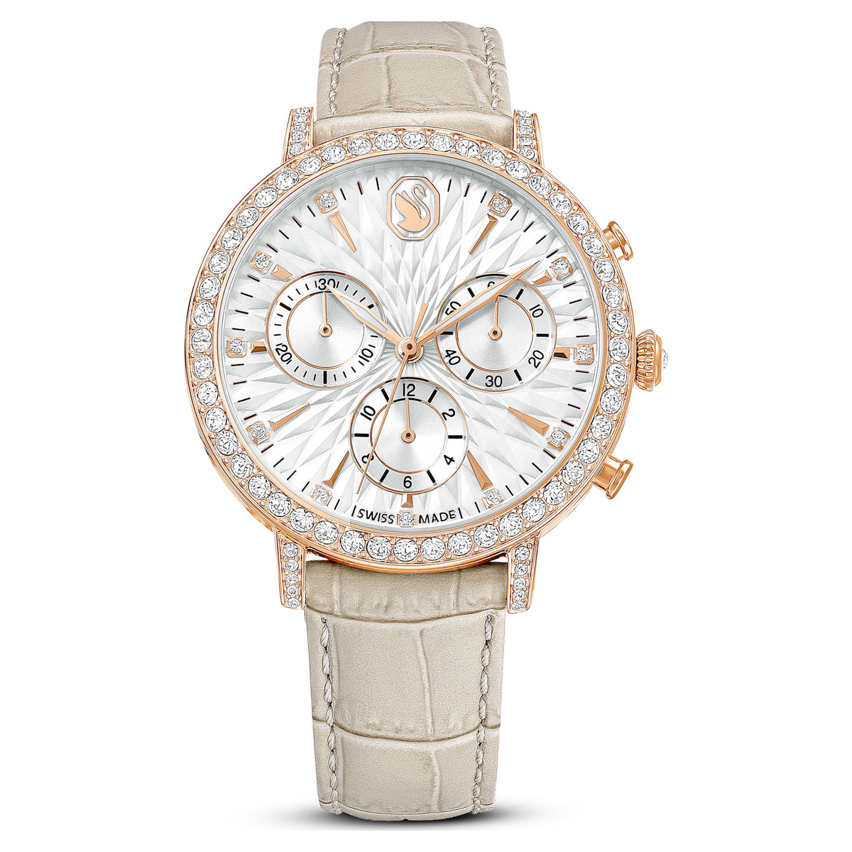 Swarovski Matrix Tennis Chrono Watch Swiss Made Leather Strap Beige Rose Gold-Tone Finish SW5702849