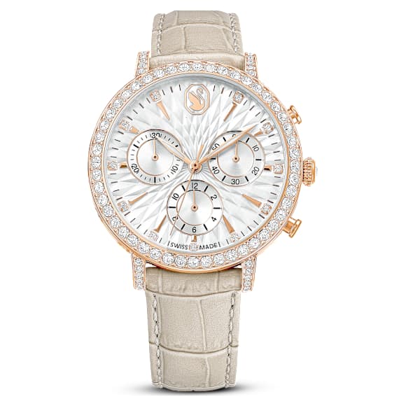 Swarovski Matrix Tennis Chrono Watch Swiss Made Leather Strap Beige Rose Gold-Tone Finish SW5702849