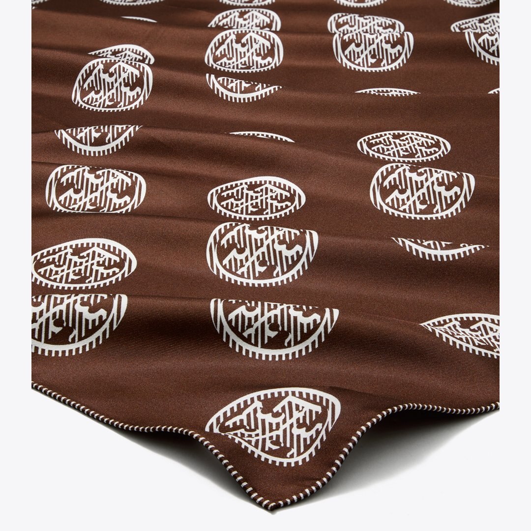 Tory Burch Medallion Logo Silk Square Scarf Deep Walnut