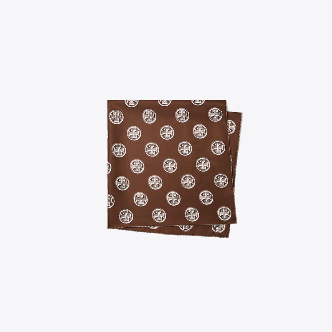 Tory Burch Medallion Logo Silk Square Scarf Deep Walnut