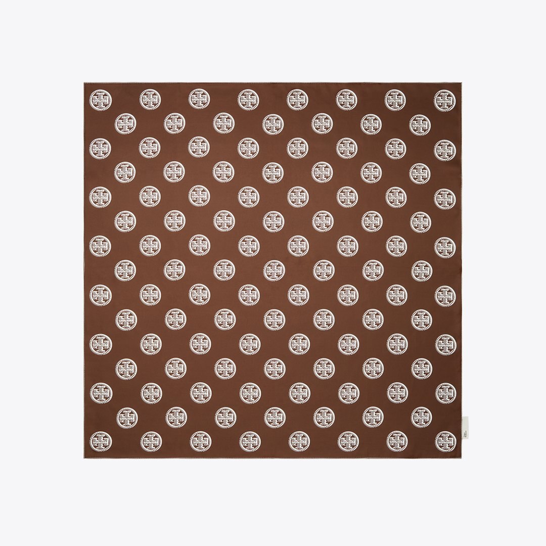 Tory Burch Medallion Logo Silk Square Scarf Deep Walnut
