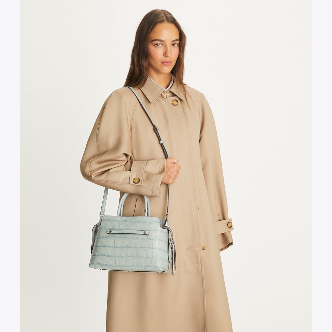 Tory Burch Mercer Croc-Embossed Satchel Blue Celadon