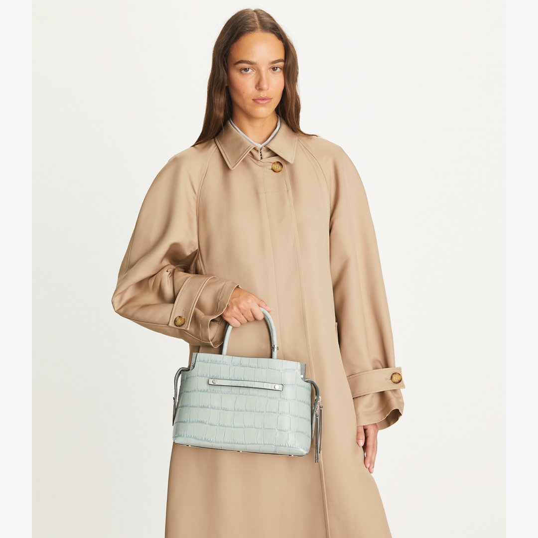 Tory Burch Mercer Croc-Embossed Satchel Blue Celadon