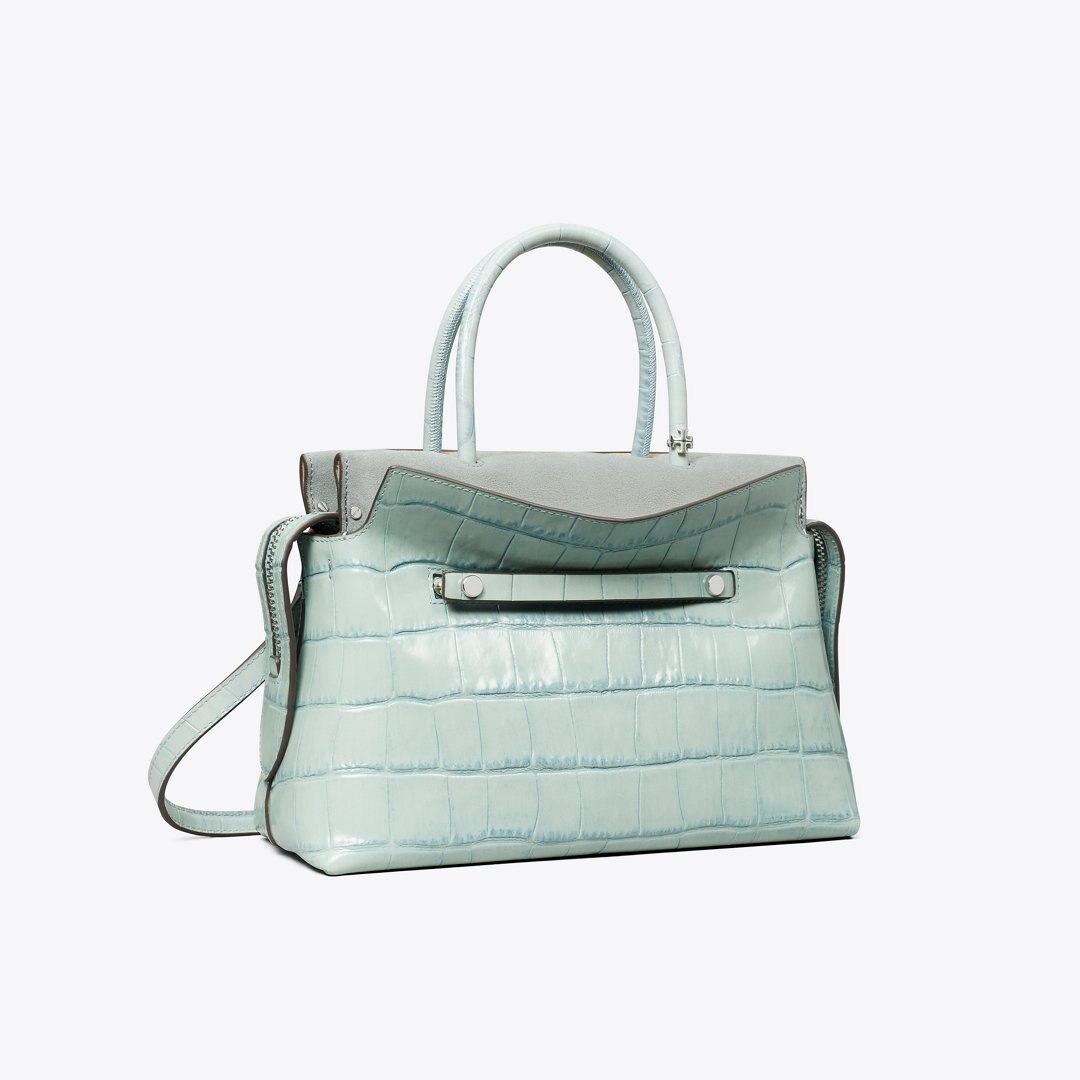 Tory Burch Mercer Croc-Embossed Satchel Blue Celadon