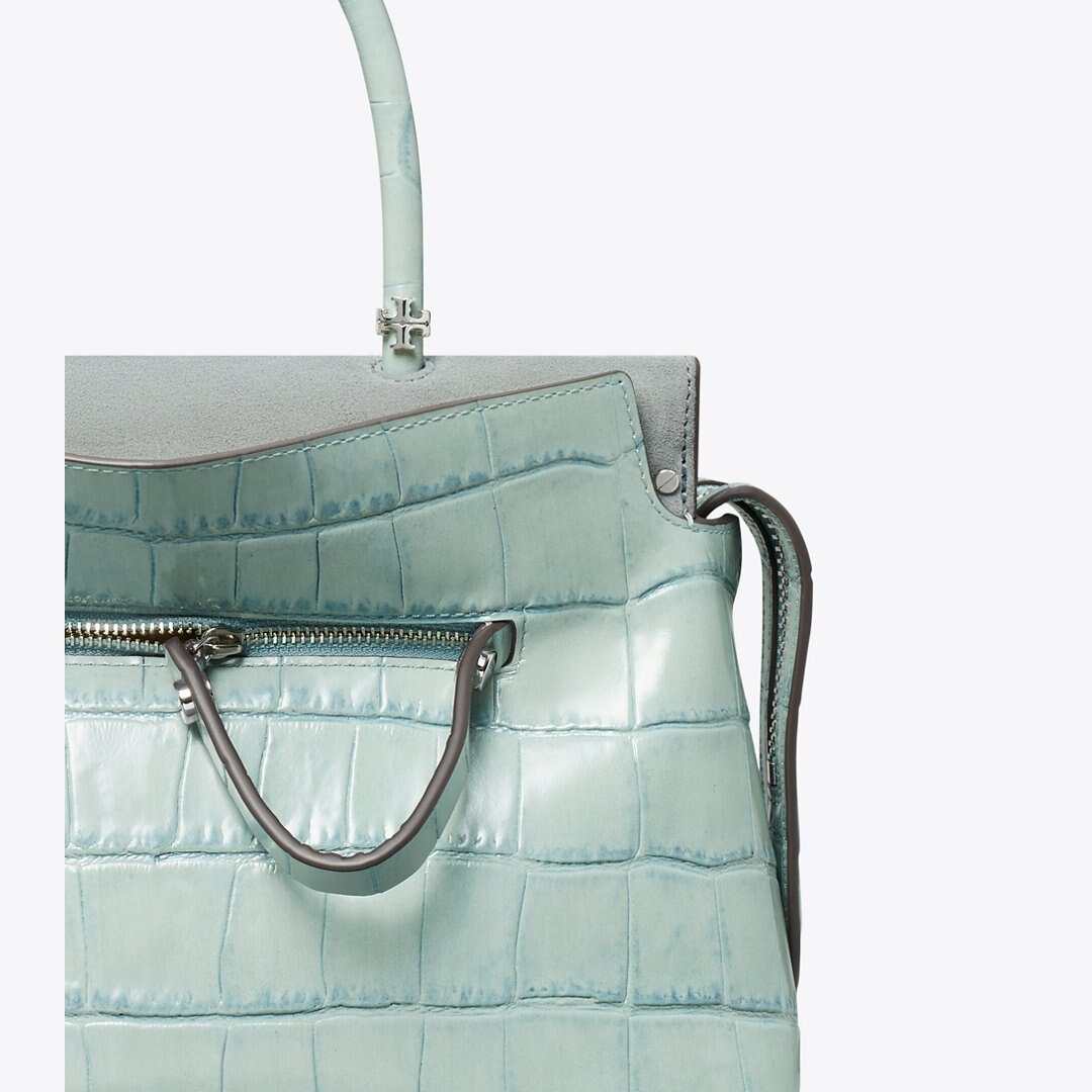 Tory Burch Mercer Croc-Embossed Satchel Blue Celadon