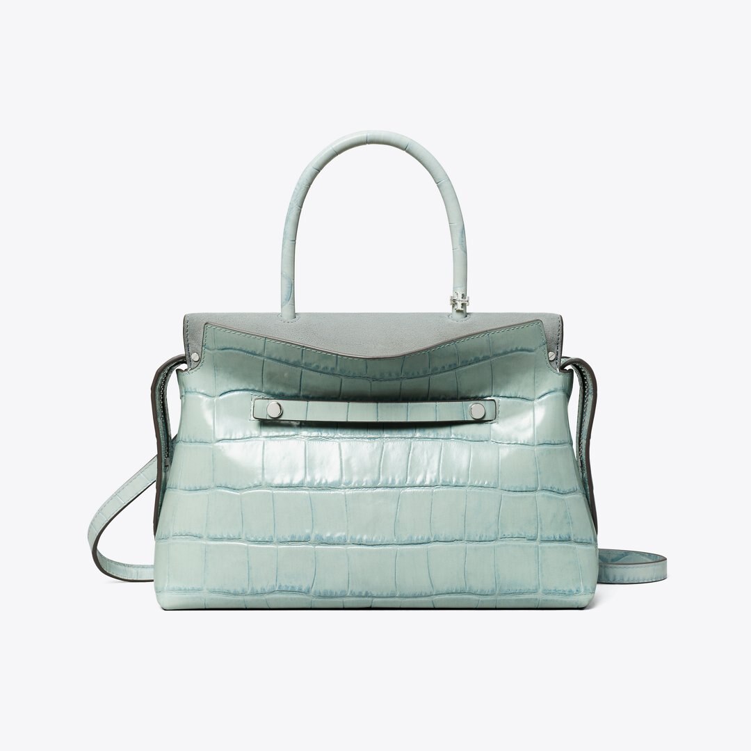 Tory Burch Mercer Croc-Embossed Satchel Blue Celadon
