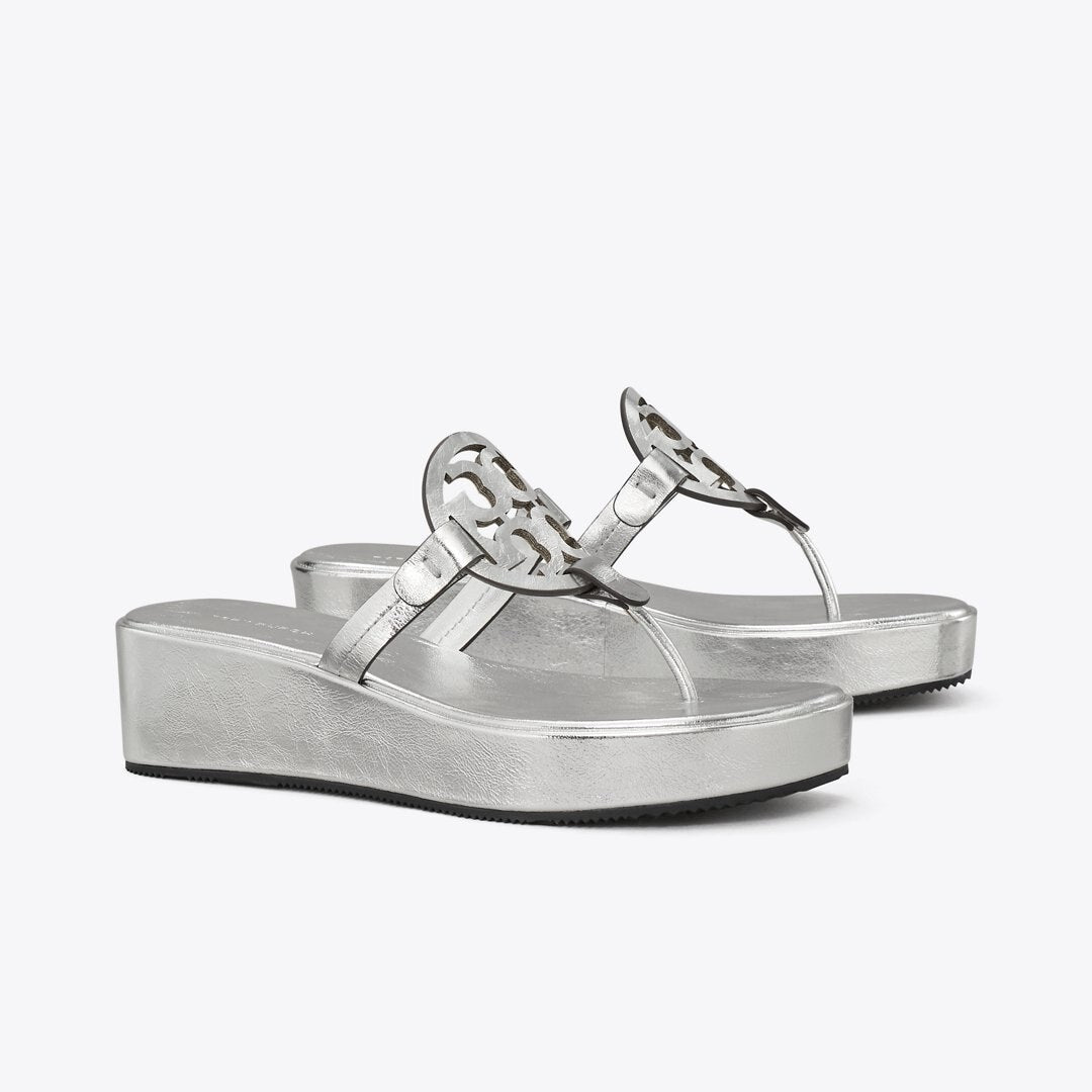 Tory Burch Miller Crinkled Metallic Wedge Sandal SILVER